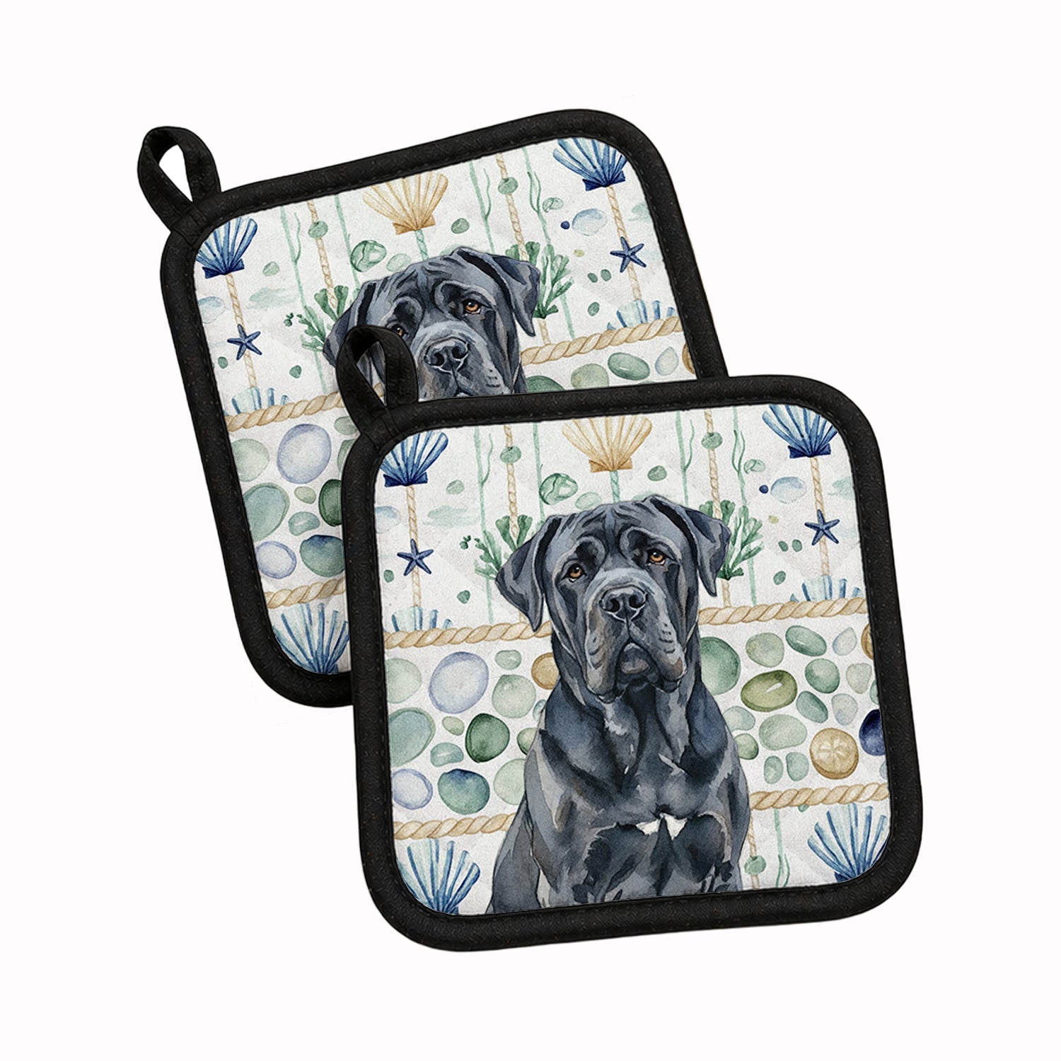 Black Neapolitan Mastiff Coastal Sea Glass Pot Holder Set of 2 Heat Resistant Quilted Hot Pads 7.5 x 7.5 Inch, Insulated Kitchen Trivets for Cooking & Baking