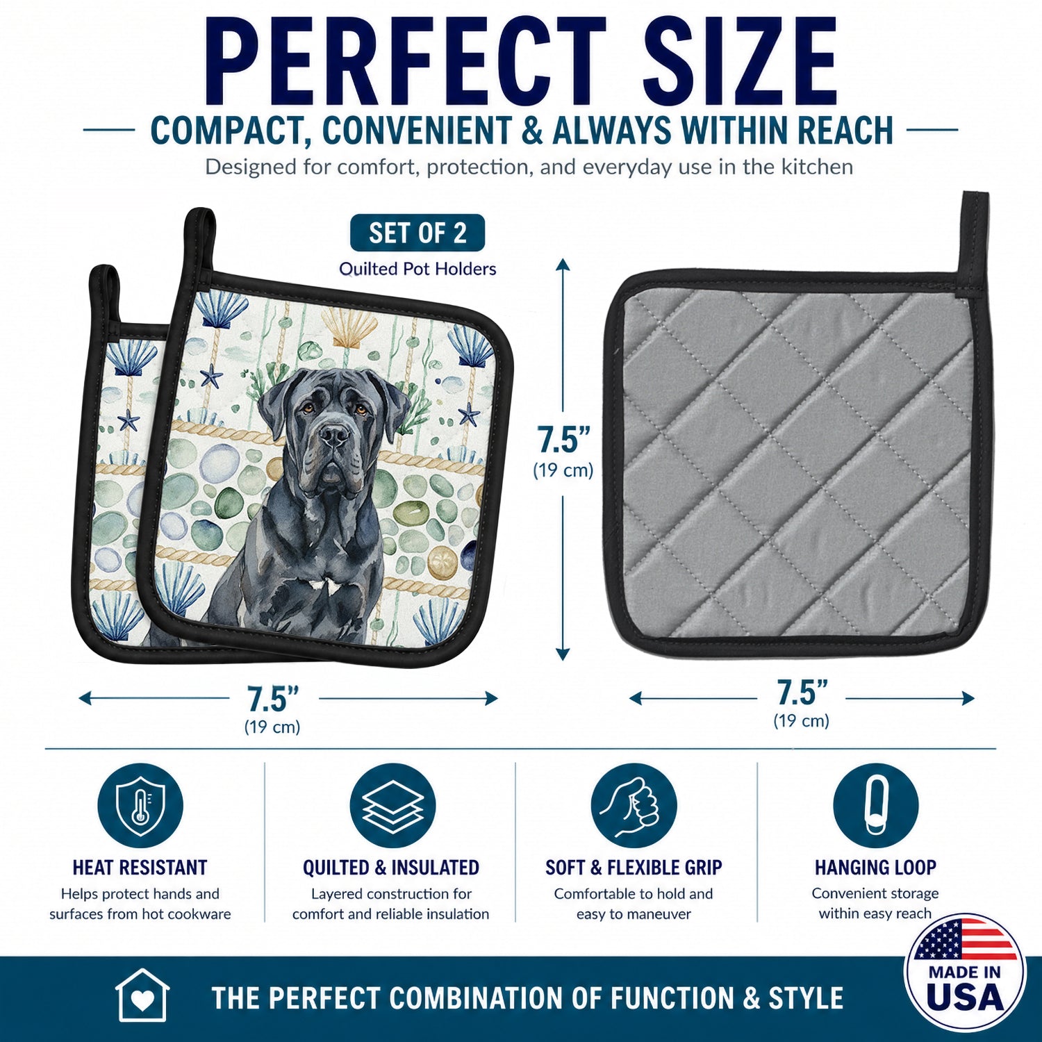Black Neapolitan Mastiff Coastal Sea Glass Pot Holder Set of 2 Heat Resistant Quilted Hot Pads 7.5 x 7.5 Inch, Insulated Kitchen Trivets for Cooking & Baking