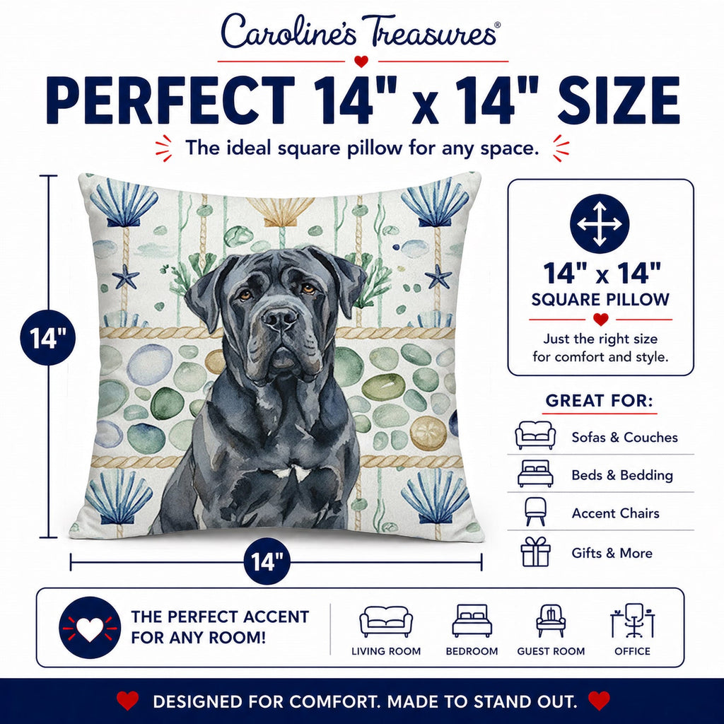 Black Neapolitan Mastiff Coastal Sea Glass Decorative Throw Pillow 14x14 Indoor Outdoor Accent Cushion, Fabric Cover with Insert for Sofa, Bed, Porch & Living Room
