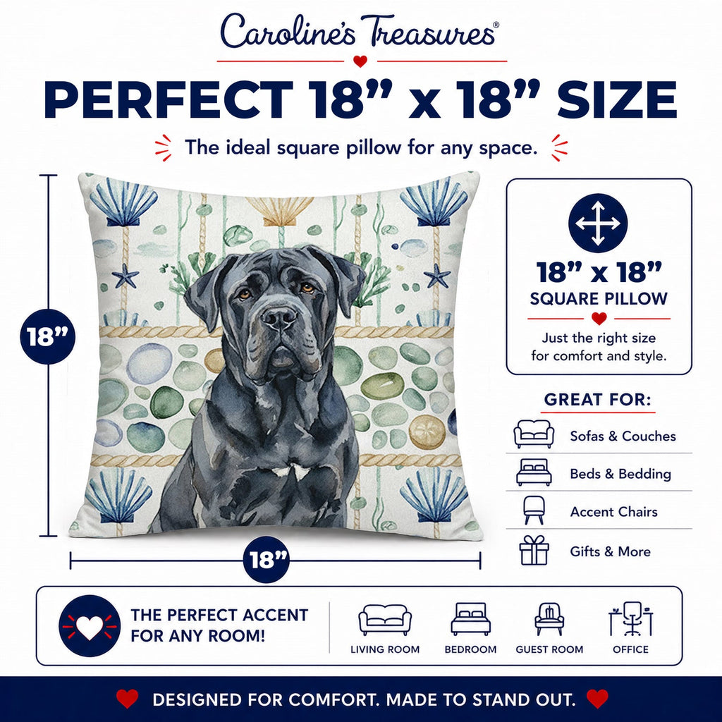 Black Neapolitan Mastiff Coastal Sea Glass Decorative Throw Pillow 18x18 Indoor Outdoor Accent Cushion, Fabric Cover with Insert for Sofa, Bed, Porch & Living Room