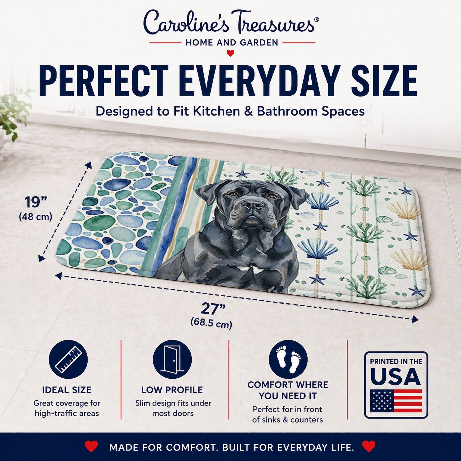 Black Neapolitan Mastiff Coastal Sea Glass Memory Foam Kitchen Mat Machine Washable Anti-Fatigue Cushion Comfort Bath or Kitchen Rug