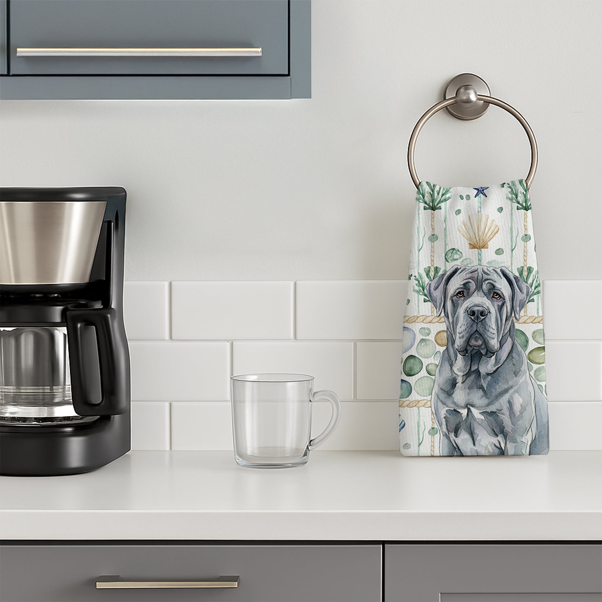 Blue Neapolitan Mastiff Coastal Sea Glass Kitchen Towel Velour Plush Front and Cotton Loop Back Machine Washable