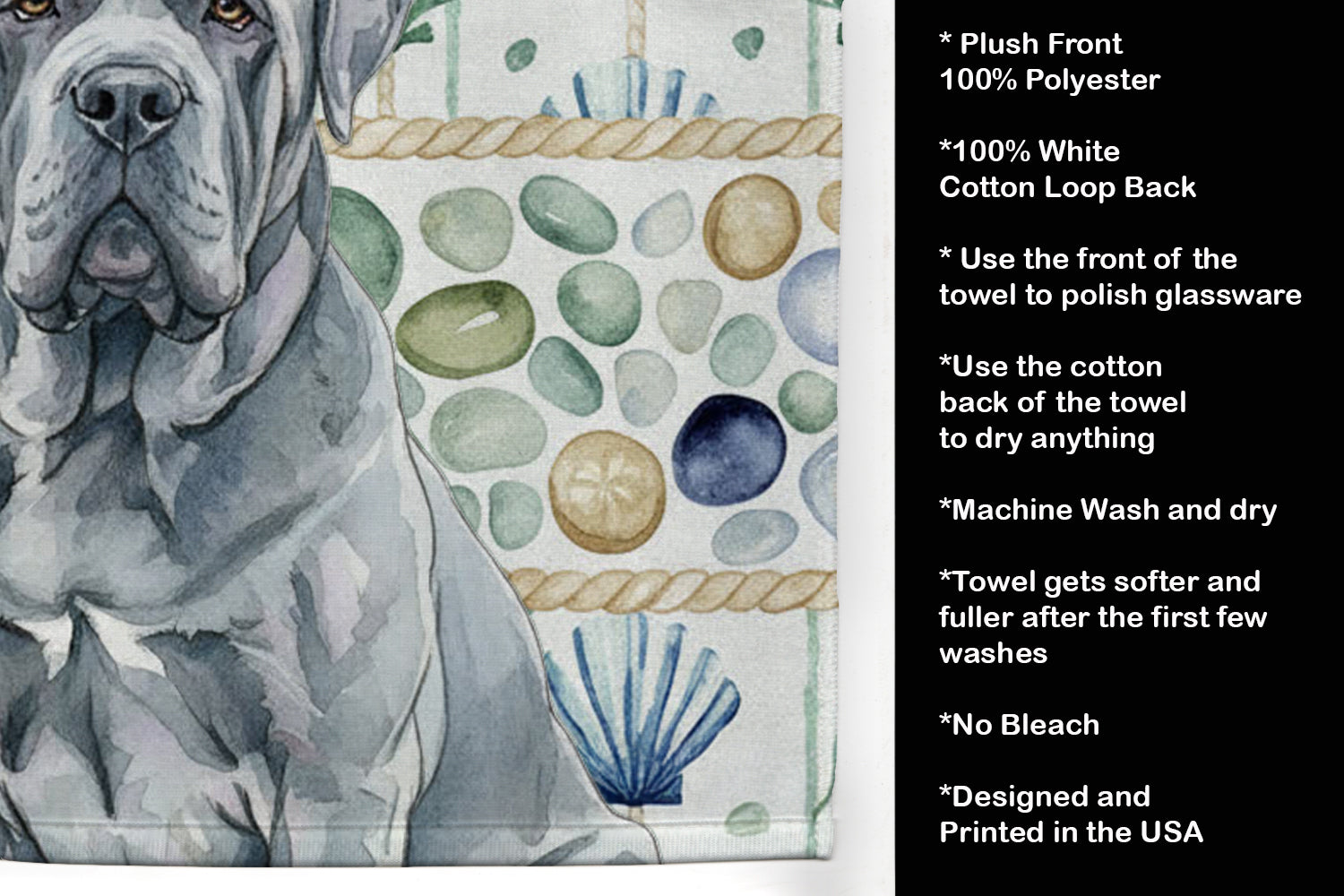 Blue Neapolitan Mastiff Coastal Sea Glass Kitchen Towel Velour Plush Front and Cotton Loop Back Machine Washable