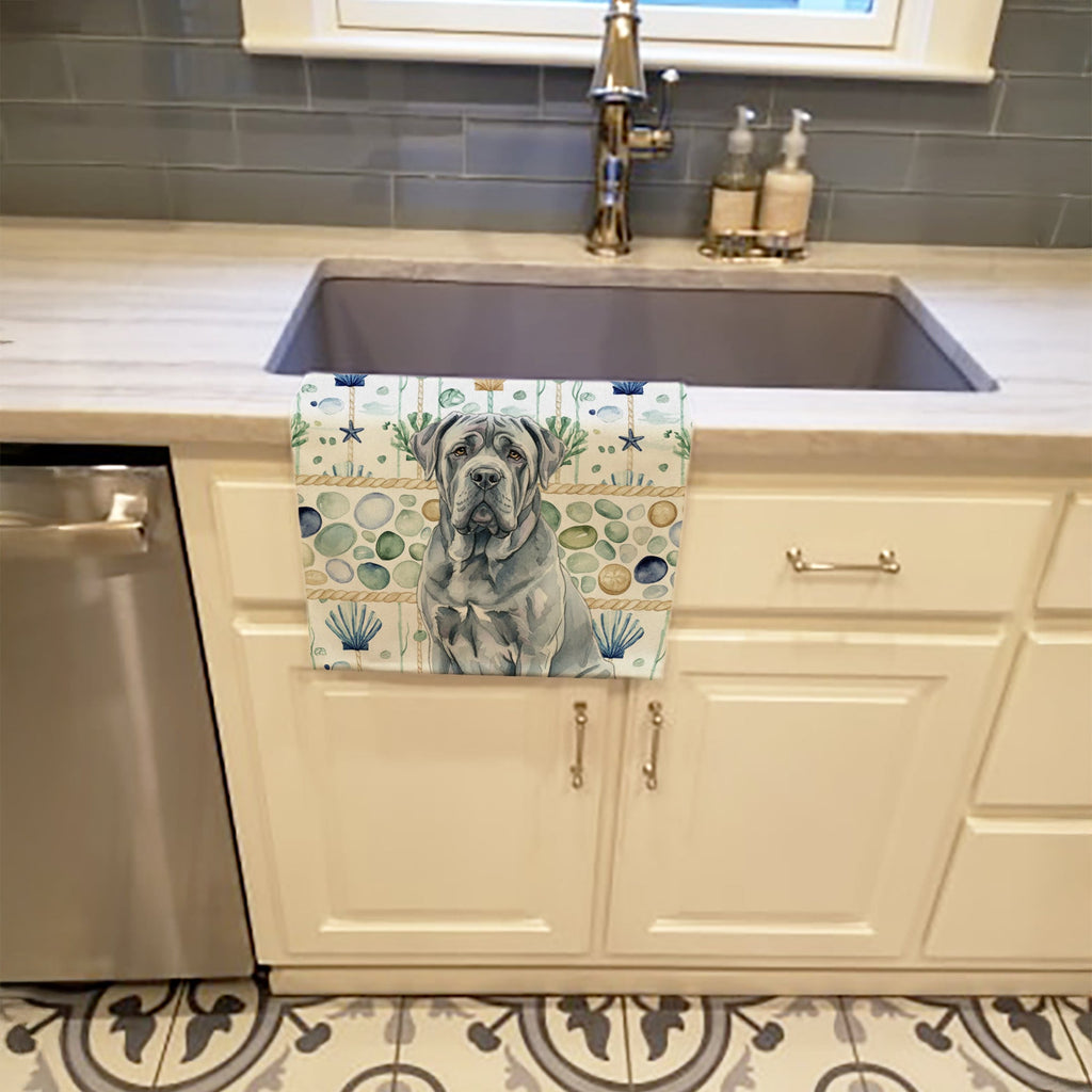 Blue Neapolitan Mastiff Coastal Sea Glass Kitchen Towel Velour Plush Front and Cotton Loop Back Machine Washable