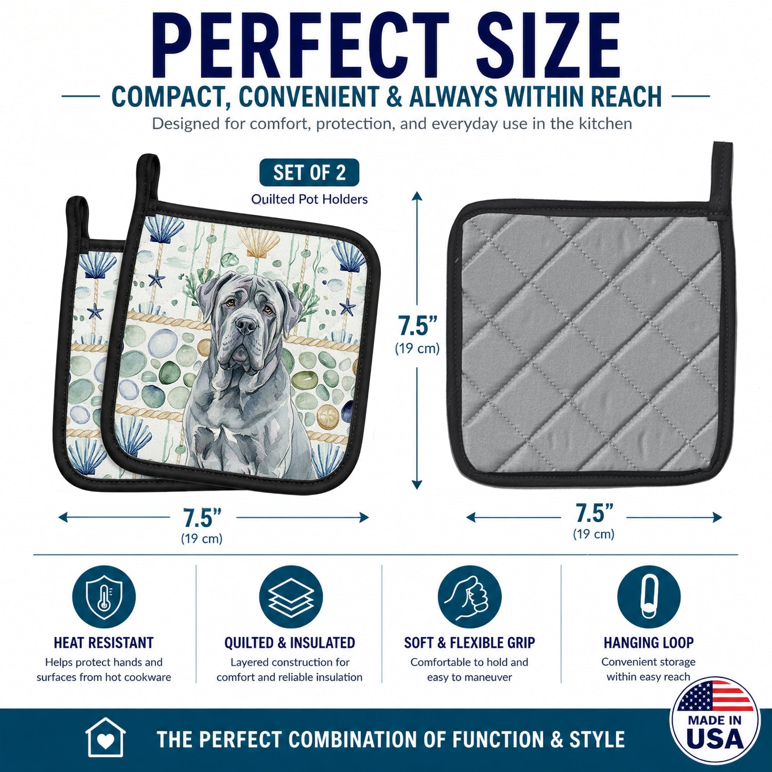 Blue Neapolitan Mastiff Coastal Sea Glass Pot Holder Set of 2 Heat Resistant Quilted Hot Pads 7.5 x 7.5 Inch, Insulated Kitchen Trivets for Cooking & Baking