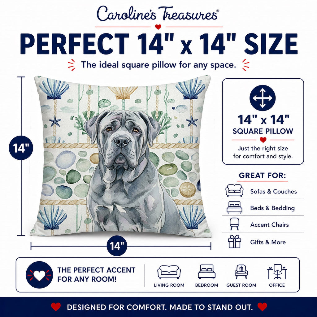 Blue Neapolitan Mastiff Coastal Sea Glass Decorative Throw Pillow 14x14 Indoor Outdoor Accent Cushion, Fabric Cover with Insert for Sofa, Bed, Porch & Living Room