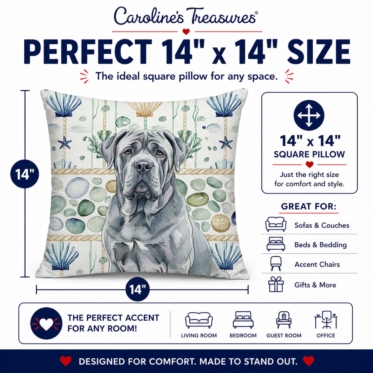 Blue Neapolitan Mastiff Coastal Sea Glass Decorative Throw Pillow 14x14 Indoor Outdoor Accent Cushion, Fabric Cover with Insert for Sofa, Bed, Porch & Living Room