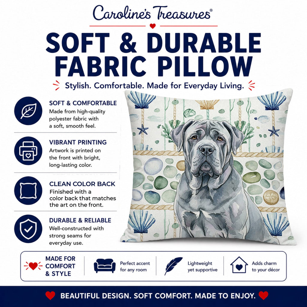 Blue Neapolitan Mastiff Coastal Sea Glass Decorative Throw Pillow 18x18 Indoor Outdoor Accent Cushion, Fabric Cover with Insert for Sofa, Bed, Porch & Living Room
