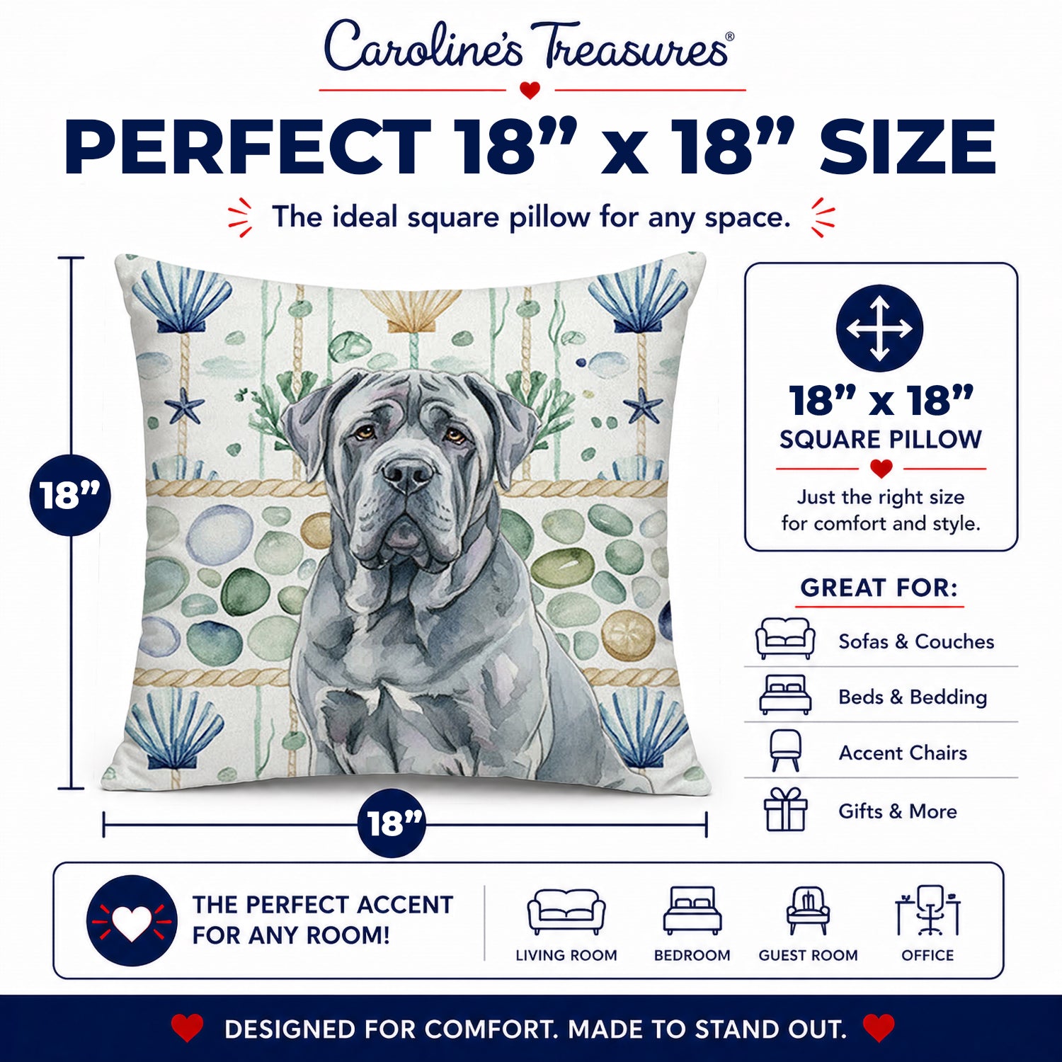 Blue Neapolitan Mastiff Coastal Sea Glass Decorative Throw Pillow 18x18 Indoor Outdoor Accent Cushion, Fabric Cover with Insert for Sofa, Bed, Porch & Living Room