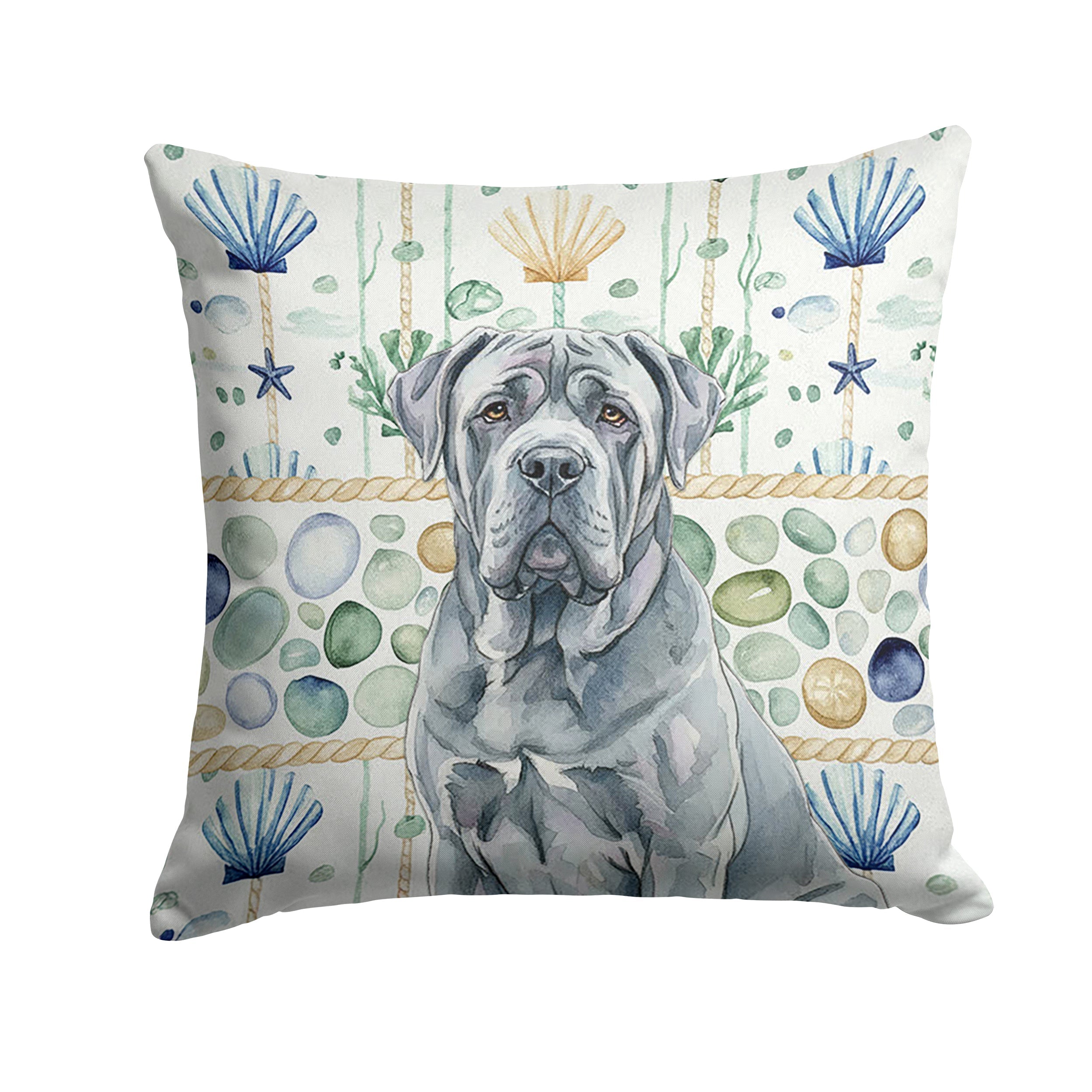 Blue Neapolitan Mastiff Coastal Sea Glass Decorative Throw Pillow 18x18 Indoor Outdoor Accent Cushion, Fabric Cover with Insert for Sofa, Bed, Porch & Living Room