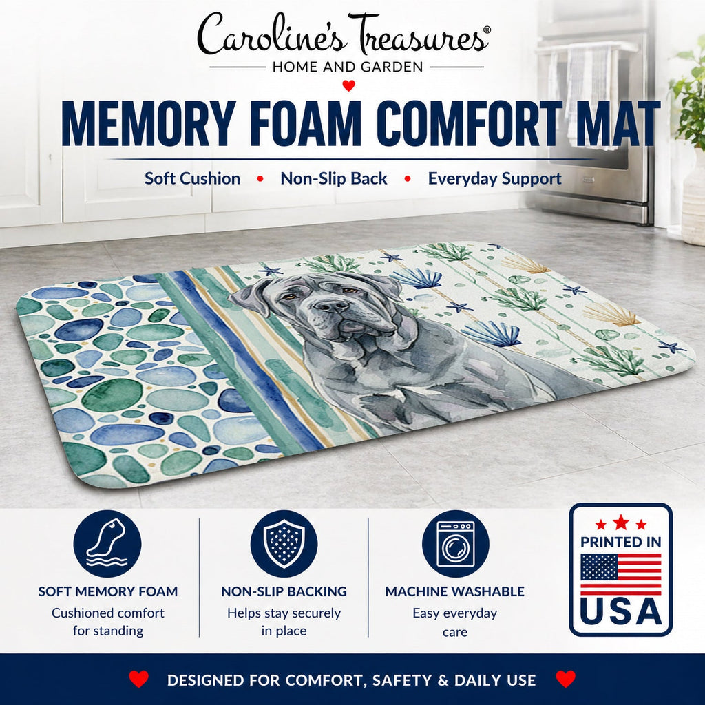 Blue Neapolitan Mastiff Coastal Sea Glass Memory Foam Kitchen Mat Machine Washable Anti-Fatigue Cushion Comfort Bath or Kitchen Rug