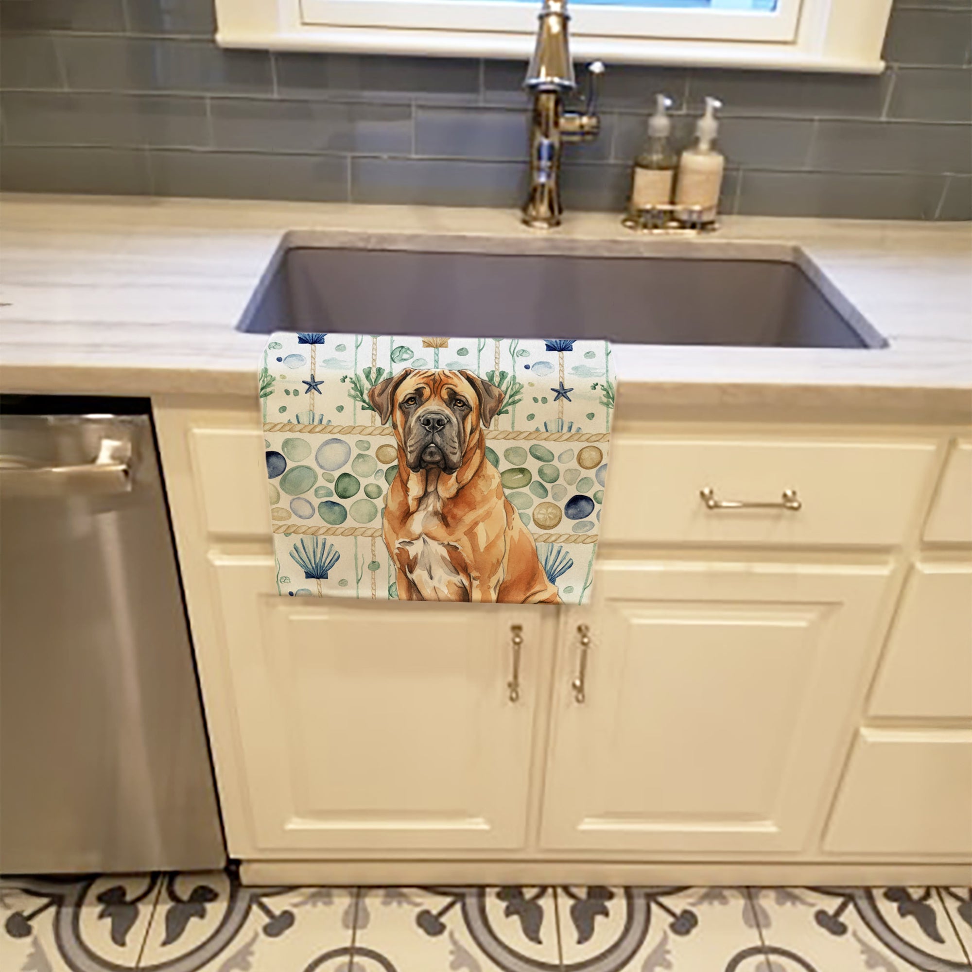 Neapolitan Mastiff Coastal Sea Glass Kitchen Towel Velour Plush Front and Cotton Loop Back Machine Washable