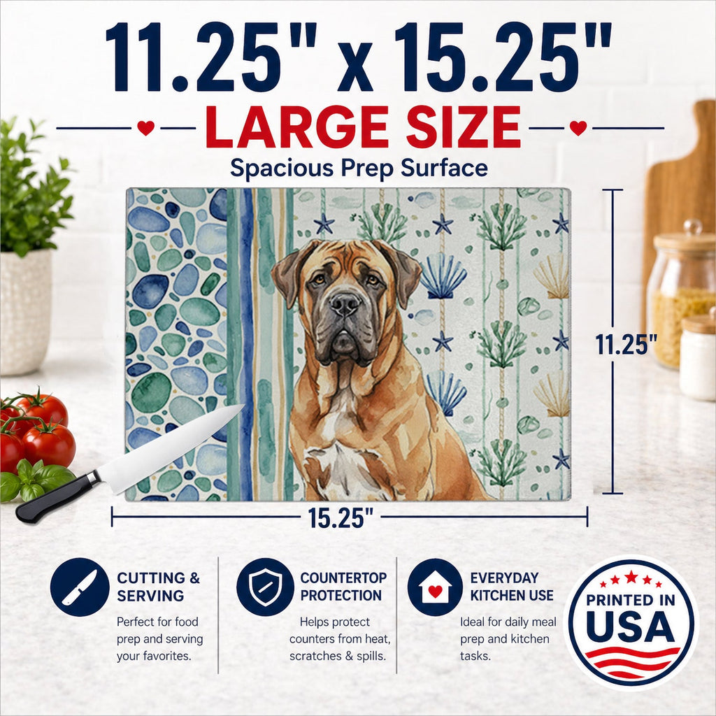 Neapolitan Mastiff Coastal Sea Glass Cutting Board Tempered Glass Kitchen Cutting Surface, Heat Resistant Chopping, Non-Slip Feet, Food Prep & Serving