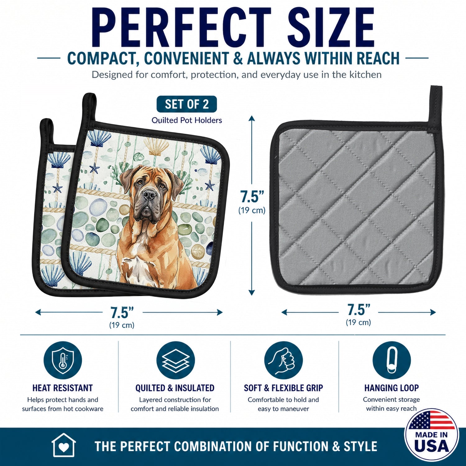 Neapolitan Mastiff Coastal Sea Glass Pot Holder Set of 2 Heat Resistant Quilted Hot Pads 7.5 x 7.5 Inch, Insulated Kitchen Trivets for Cooking & Baking
