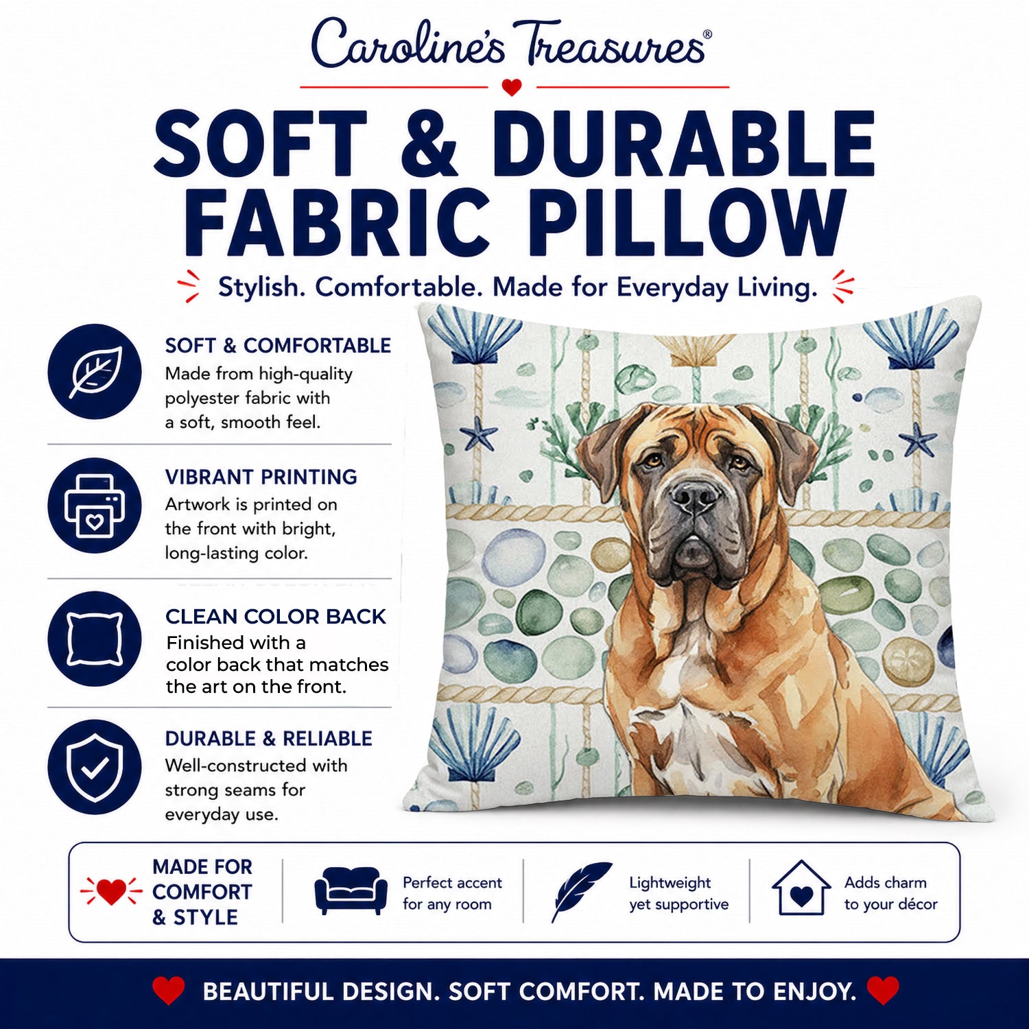Neapolitan Mastiff Coastal Sea Glass Decorative Throw Pillow 14x14 Indoor Outdoor Accent Cushion, Fabric Cover with Insert for Sofa, Bed, Porch & Living Room