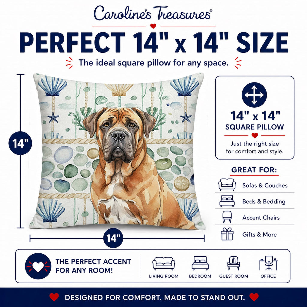 Neapolitan Mastiff Coastal Sea Glass Decorative Throw Pillow 14x14 Indoor Outdoor Accent Cushion, Fabric Cover with Insert for Sofa, Bed, Porch & Living Room