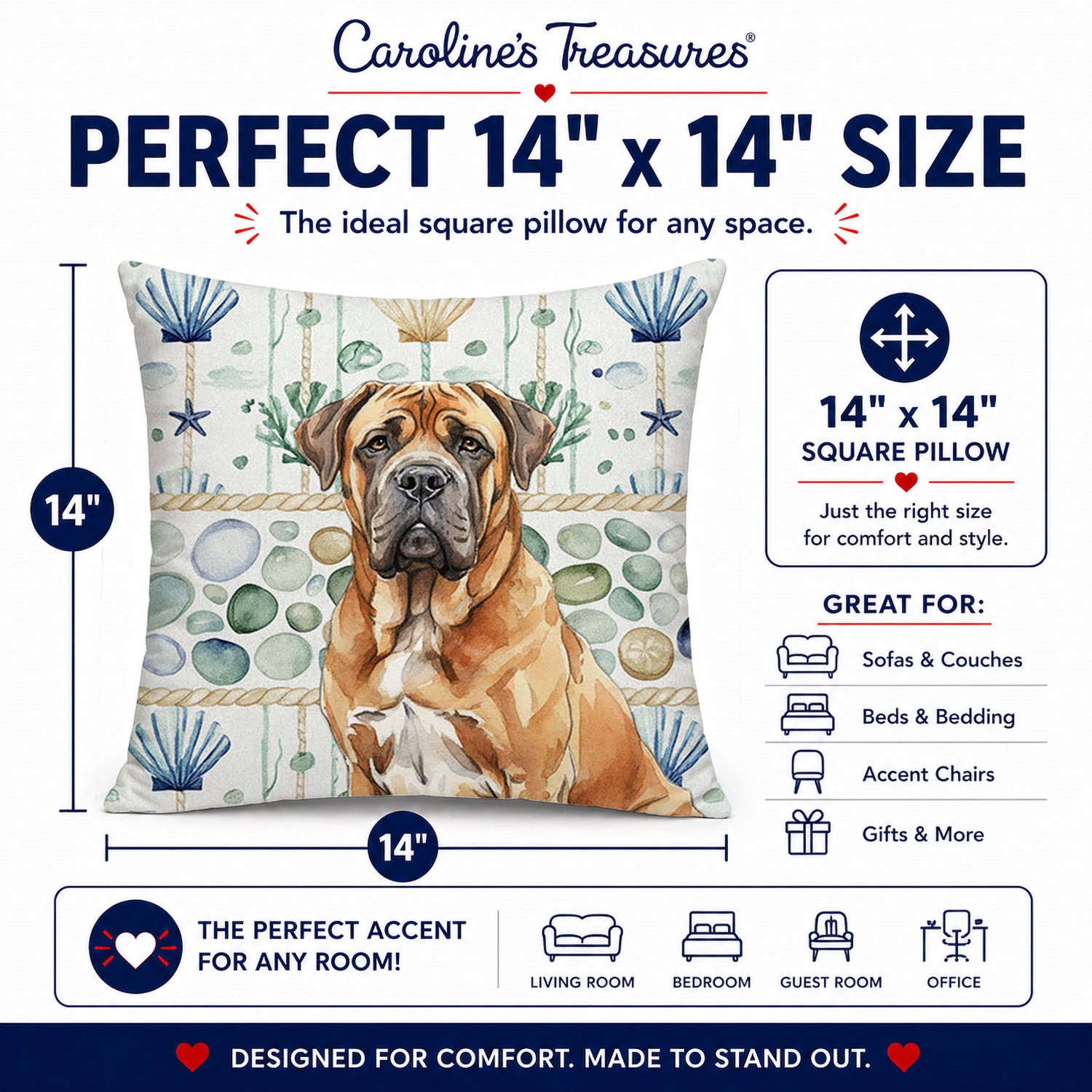 Neapolitan Mastiff Coastal Sea Glass Decorative Throw Pillow 14x14 Indoor Outdoor Accent Cushion, Fabric Cover with Insert for Sofa, Bed, Porch & Living Room