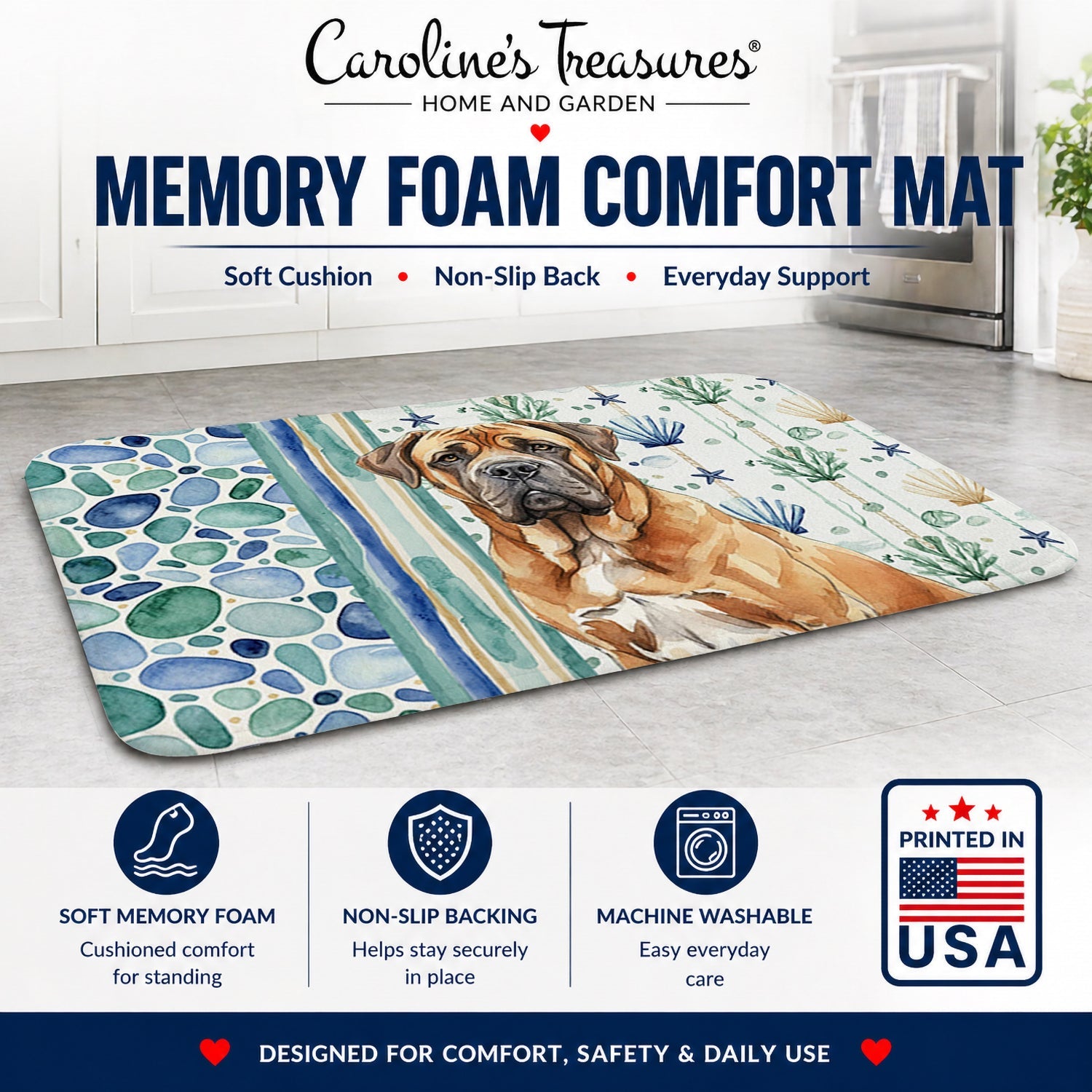 Neapolitan Mastiff Coastal Sea Glass Memory Foam Kitchen Mat Machine Washable Anti-Fatigue Cushion Comfort Bath or Kitchen Rug