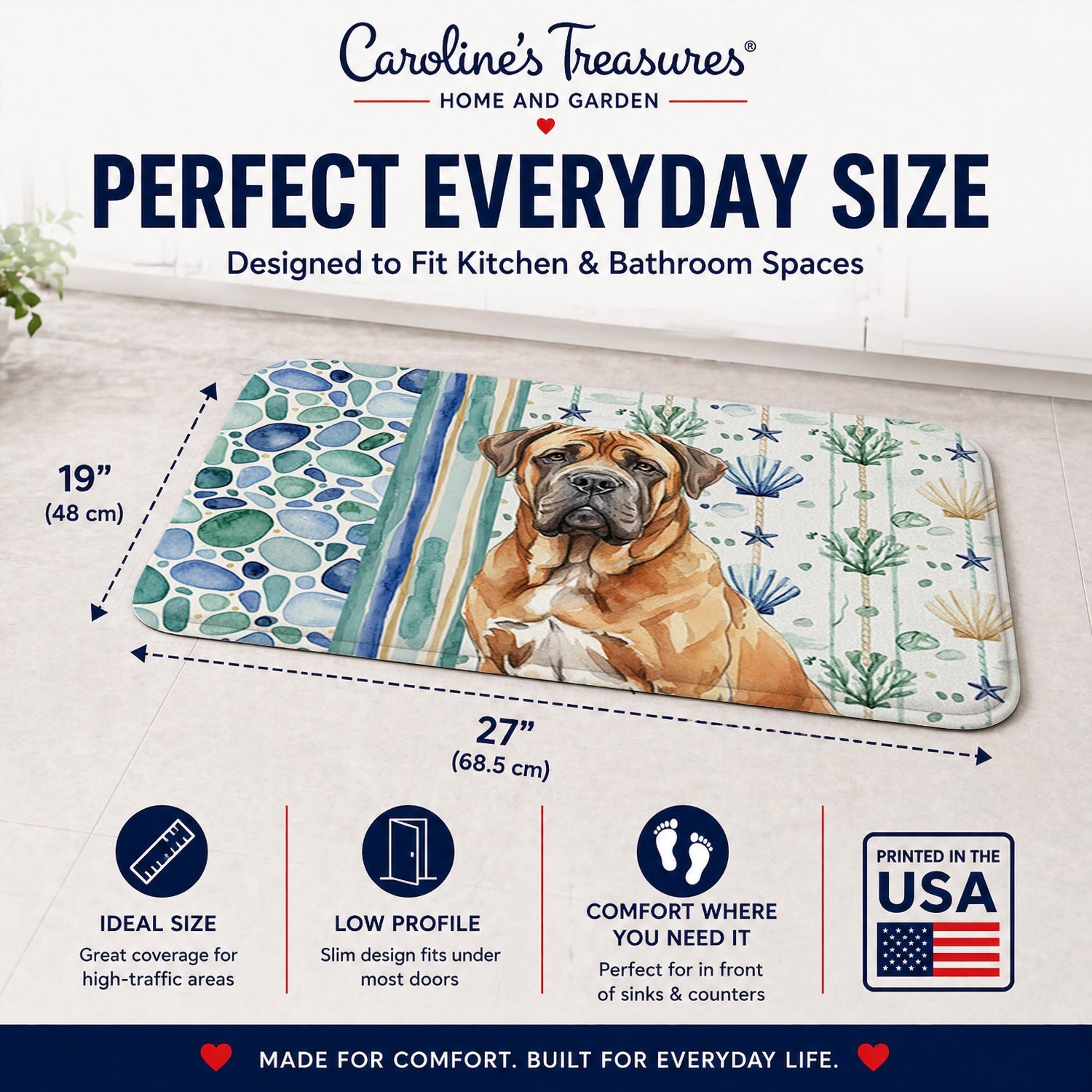 Neapolitan Mastiff Coastal Sea Glass Memory Foam Kitchen Mat Machine Washable Anti-Fatigue Cushion Comfort Bath or Kitchen Rug