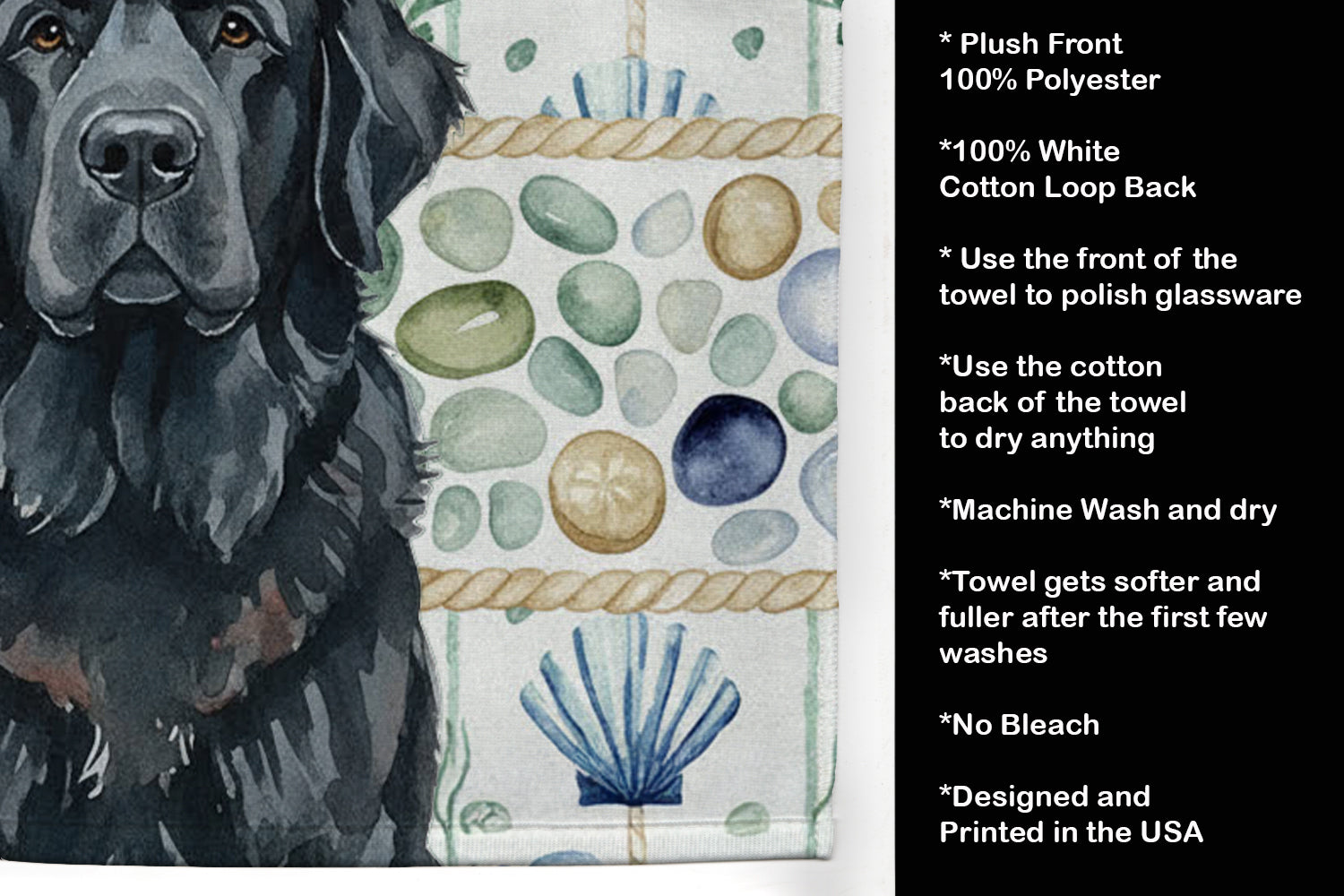 Black Newfoundland Coastal Sea Glass Kitchen Towel Velour Plush Front and Cotton Loop Back Machine Washable