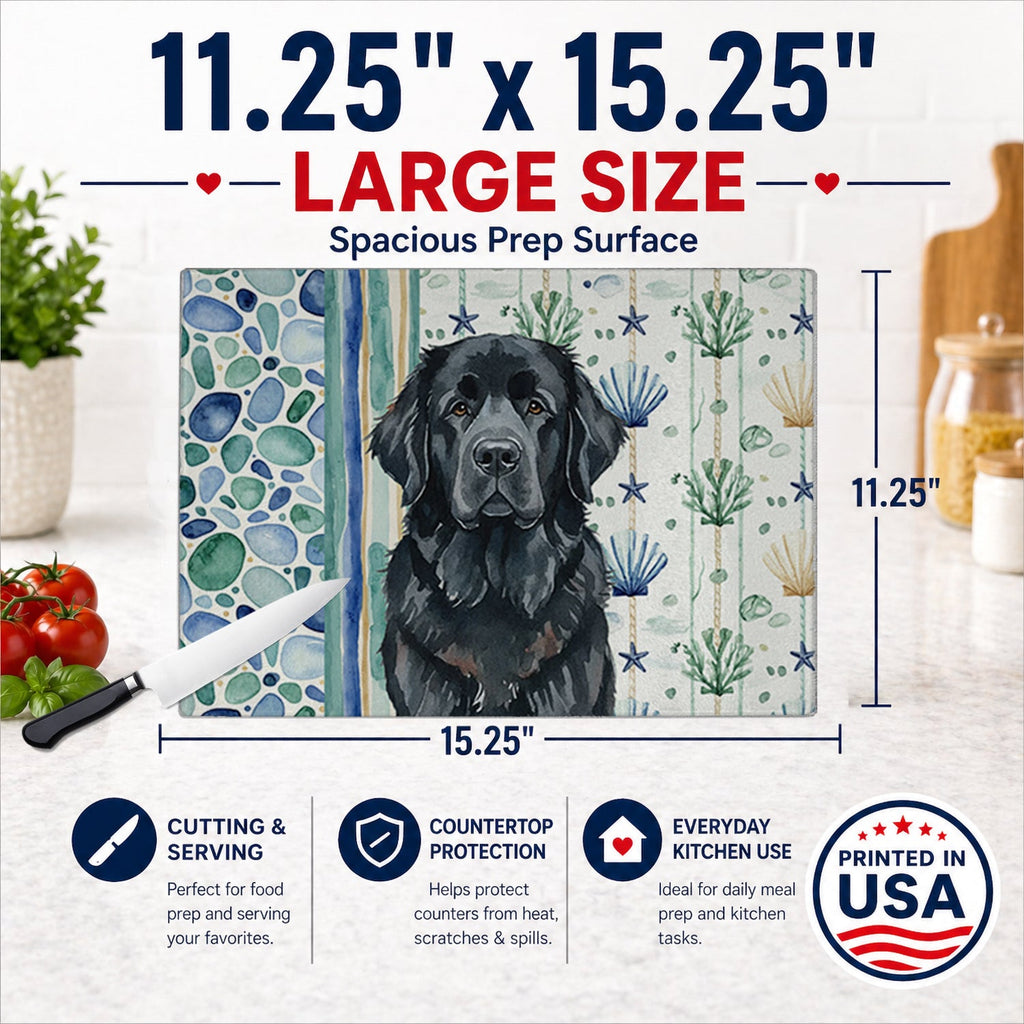 Black Newfoundland Coastal Sea Glass Cutting Board Tempered Glass Kitchen Cutting Surface, Heat Resistant Chopping, Non-Slip Feet, Food Prep & Serving