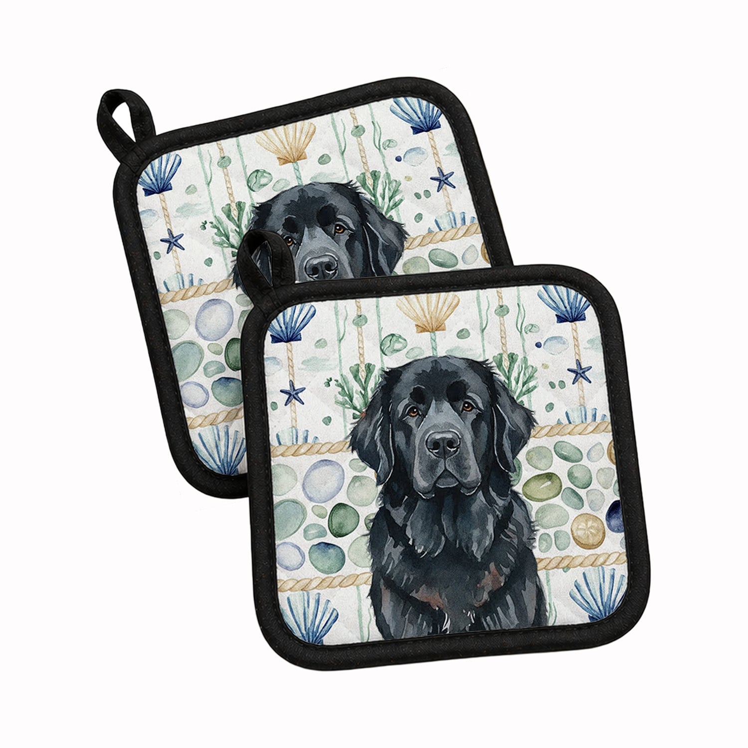 Black Newfoundland Coastal Sea Glass Pot Holder Set of 2 Heat Resistant Quilted Hot Pads 7.5 x 7.5 Inch, Insulated Kitchen Trivets for Cooking & Baking