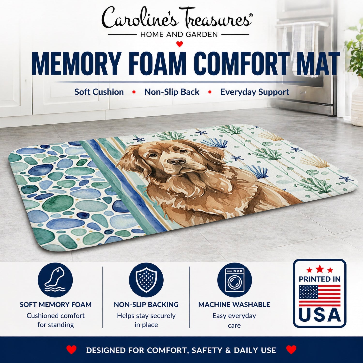 Brown Newfoundland Coastal Sea Glass Memory Foam Kitchen Mat Machine Washable Anti-Fatigue Cushion Comfort Bath or Kitchen Rug