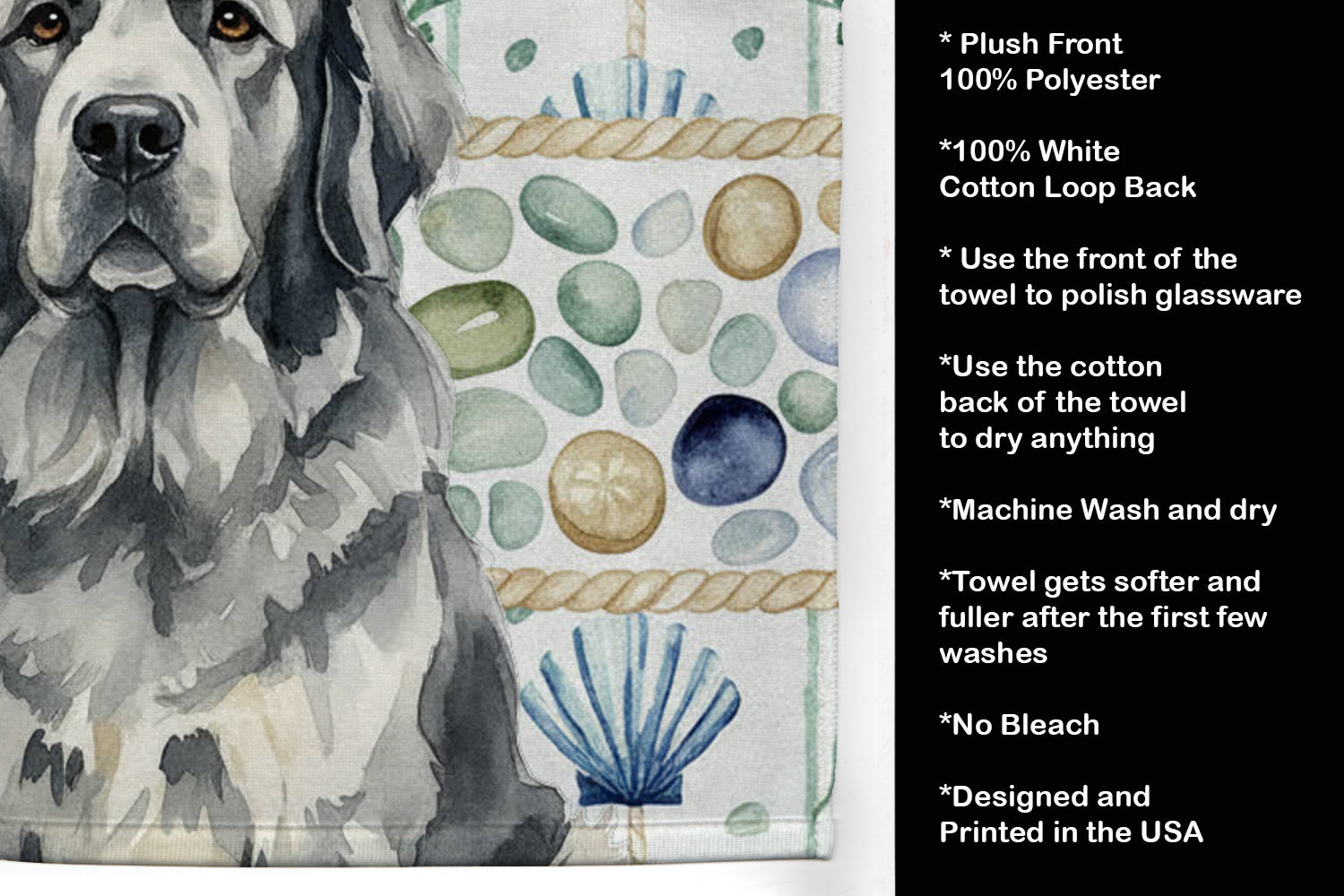 Gray Newfoundland Coastal Sea Glass Kitchen Towel Velour Plush Front and Cotton Loop Back Machine Washable