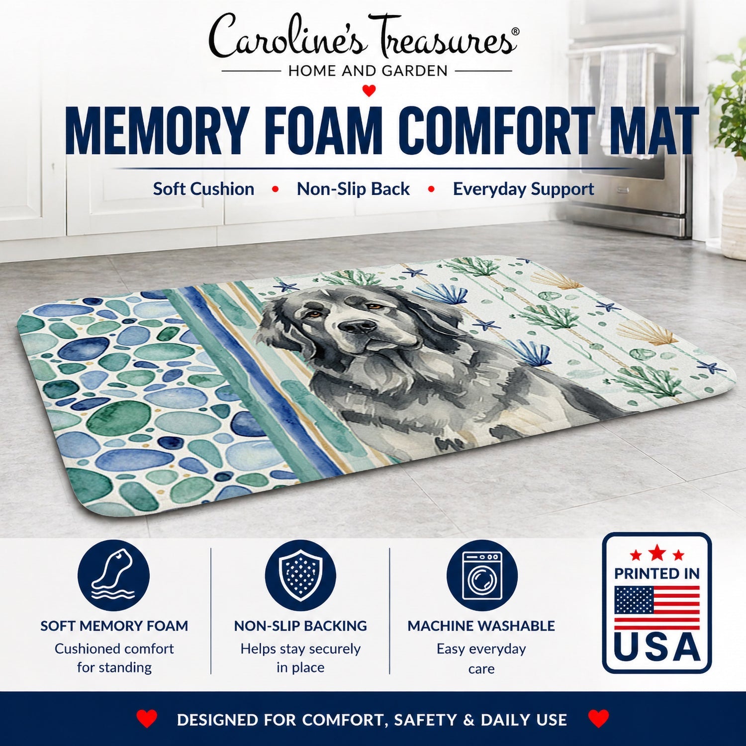 Gray Newfoundland Coastal Sea Glass Memory Foam Kitchen Mat Machine Washable Anti-Fatigue Cushion Comfort Bath or Kitchen Rug