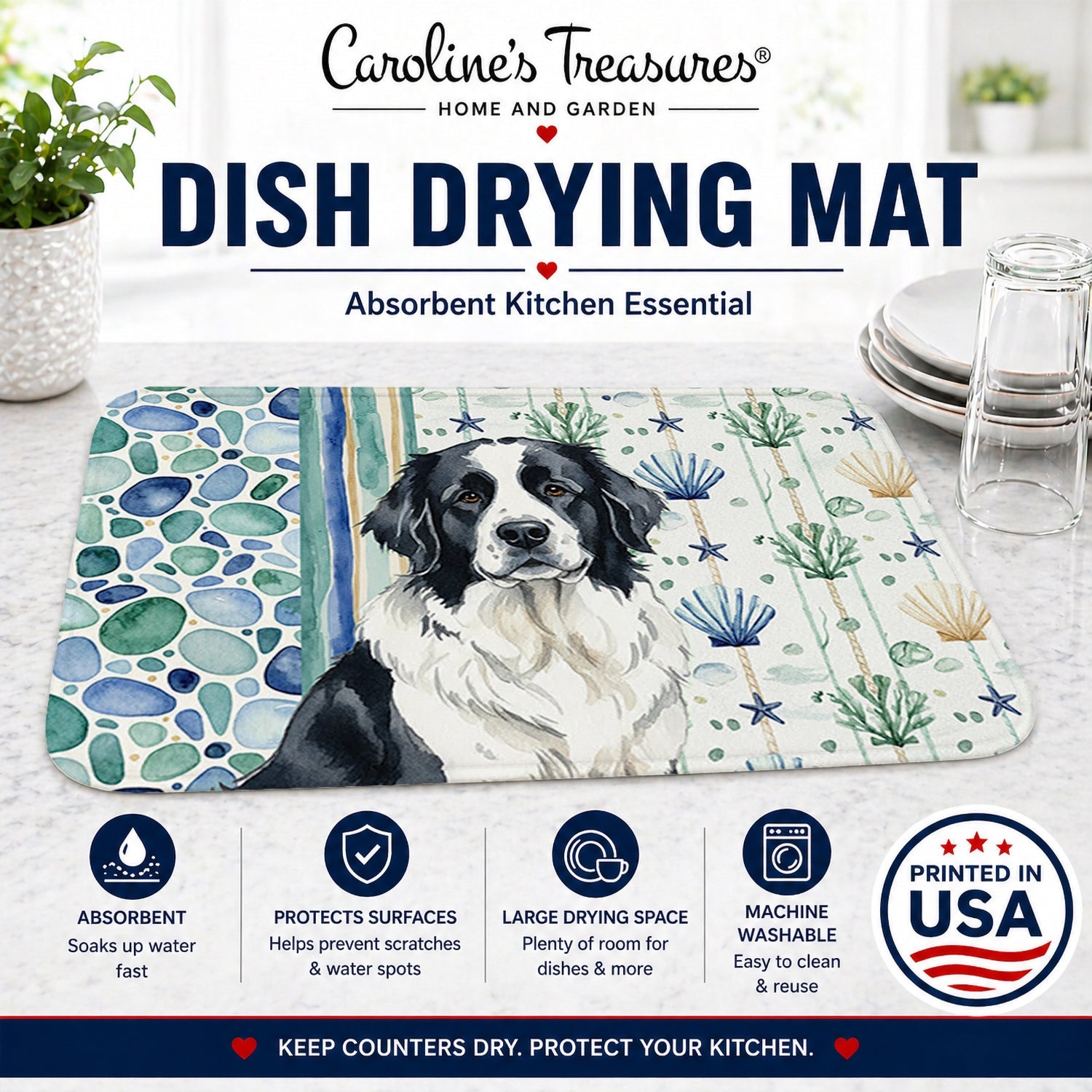 Landseer Newfoundland Coastal Sea Glass Dish Drying Mat Absorbent Dish Drying Mat Pad for Kitchen Counter Dish Drainer Mat for Countertop, 14 x 21", Multicolor