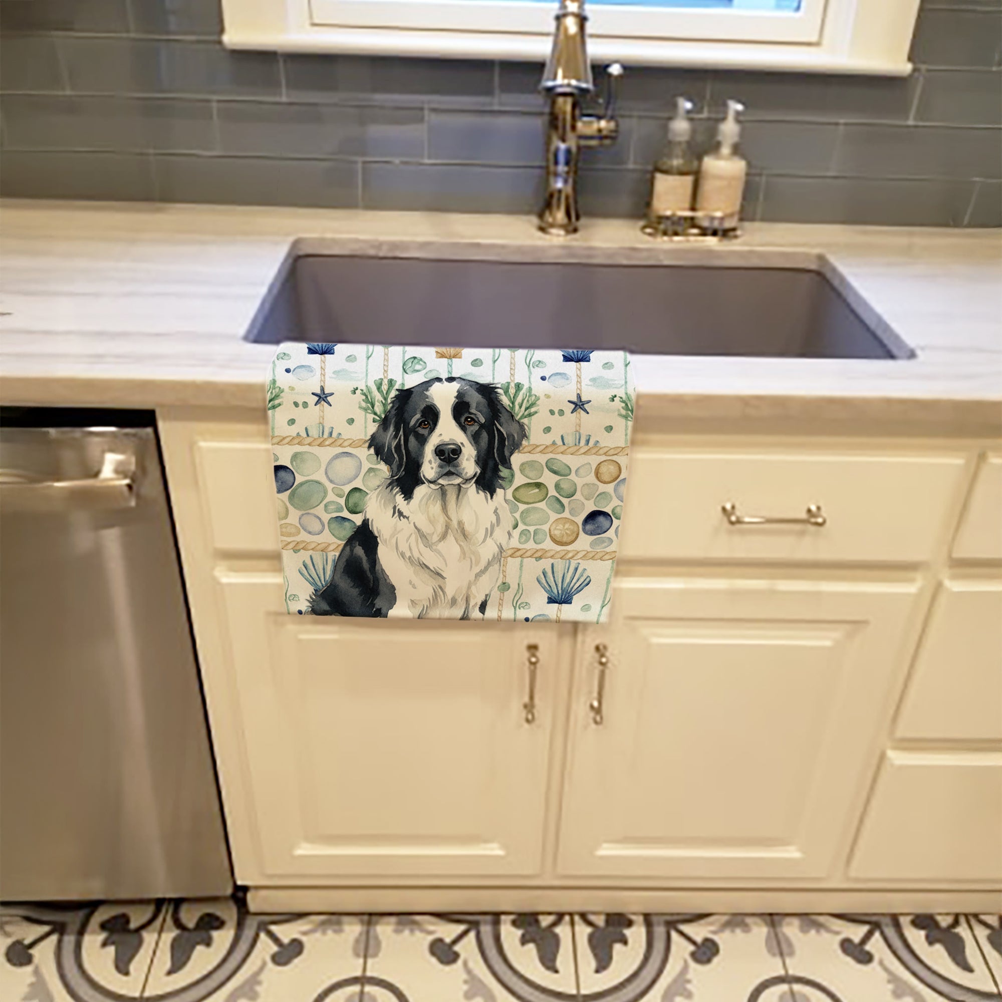 Landseer Newfoundland Coastal Sea Glass Kitchen Towel Velour Plush Front and Cotton Loop Back Machine Washable
