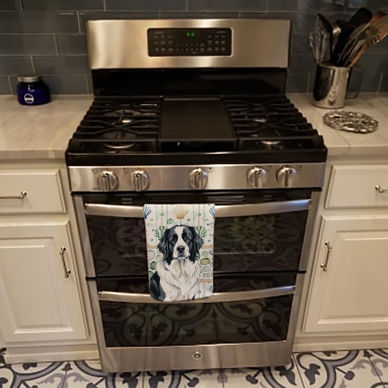 Landseer Newfoundland Coastal Sea Glass Kitchen Towel Velour Plush Front and Cotton Loop Back Machine Washable