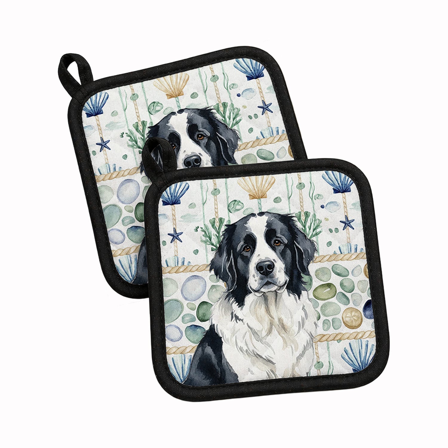 Landseer Newfoundland Coastal Sea Glass Pot Holder Set of 2 Heat Resistant Quilted Hot Pads 7.5 x 7.5 Inch, Insulated Kitchen Trivets for Cooking & Baking