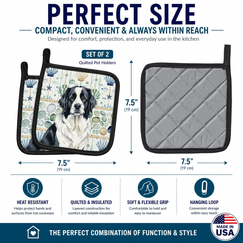 Landseer Newfoundland Coastal Sea Glass Pot Holder Set of 2 Heat Resistant Quilted Hot Pads 7.5 x 7.5 Inch, Insulated Kitchen Trivets for Cooking & Baking