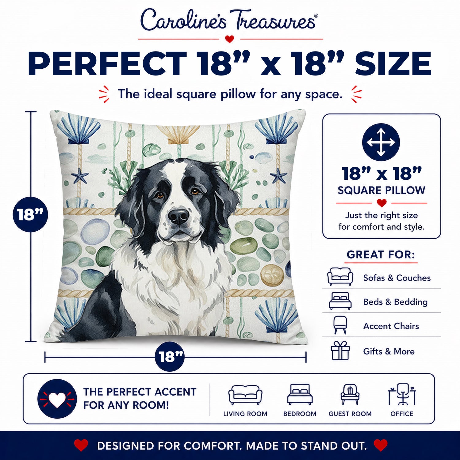 Landseer Newfoundland Coastal Sea Glass Decorative Throw Pillow 18x18 Indoor Outdoor Accent Cushion, Fabric Cover with Insert for Sofa, Bed, Porch & Living Room