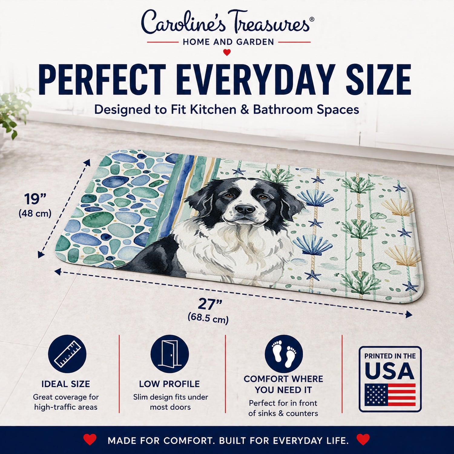 Landseer Newfoundland Coastal Sea Glass Memory Foam Kitchen Mat Machine Washable Anti-Fatigue Cushion Comfort Bath or Kitchen Rug