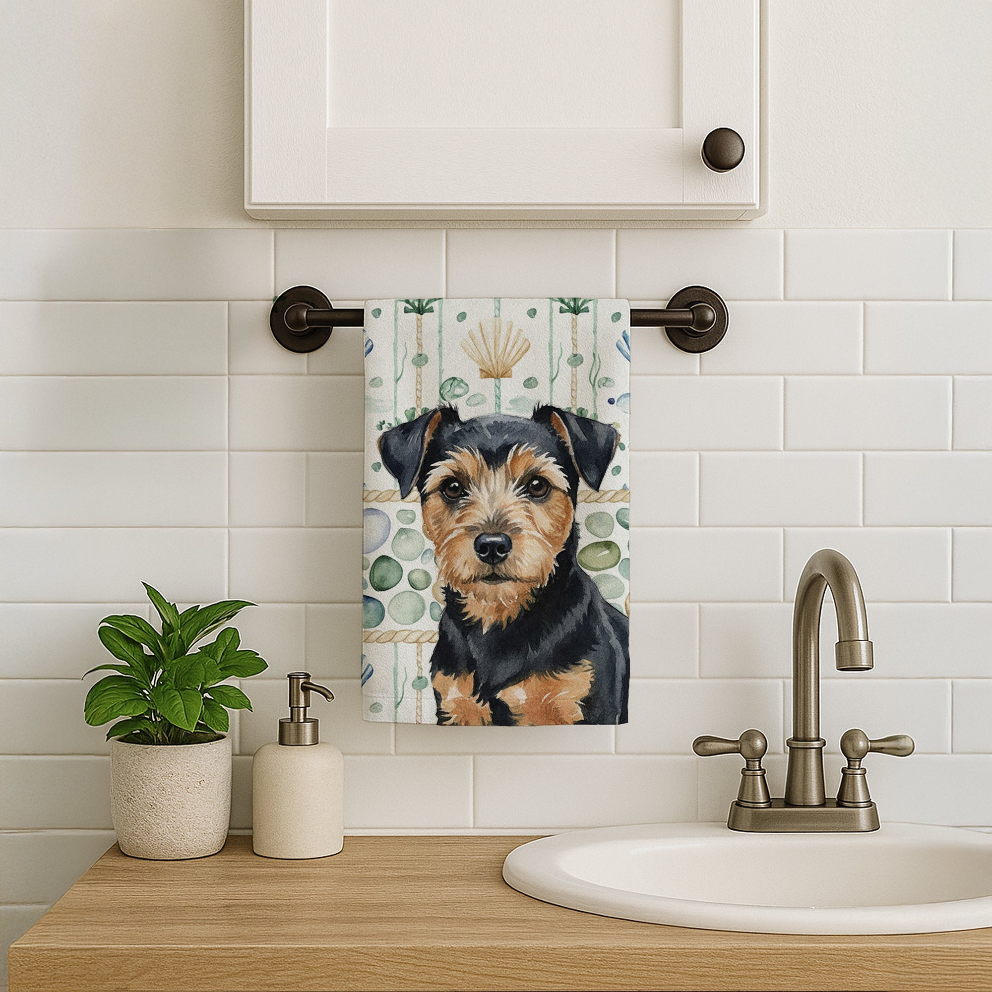 Black and Tan Norfolk Terrier Coastal Sea Glass Kitchen Towel Velour Plush Front and Cotton Loop Back Machine Washable