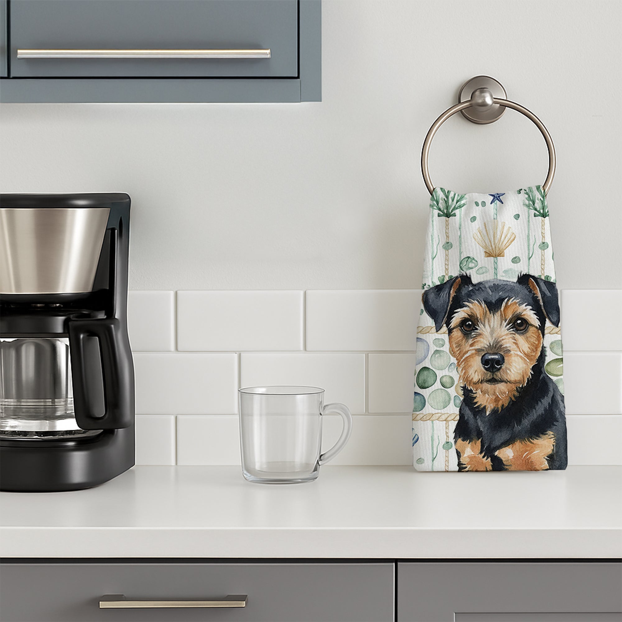 Black and Tan Norfolk Terrier Coastal Sea Glass Kitchen Towel Velour Plush Front and Cotton Loop Back Machine Washable