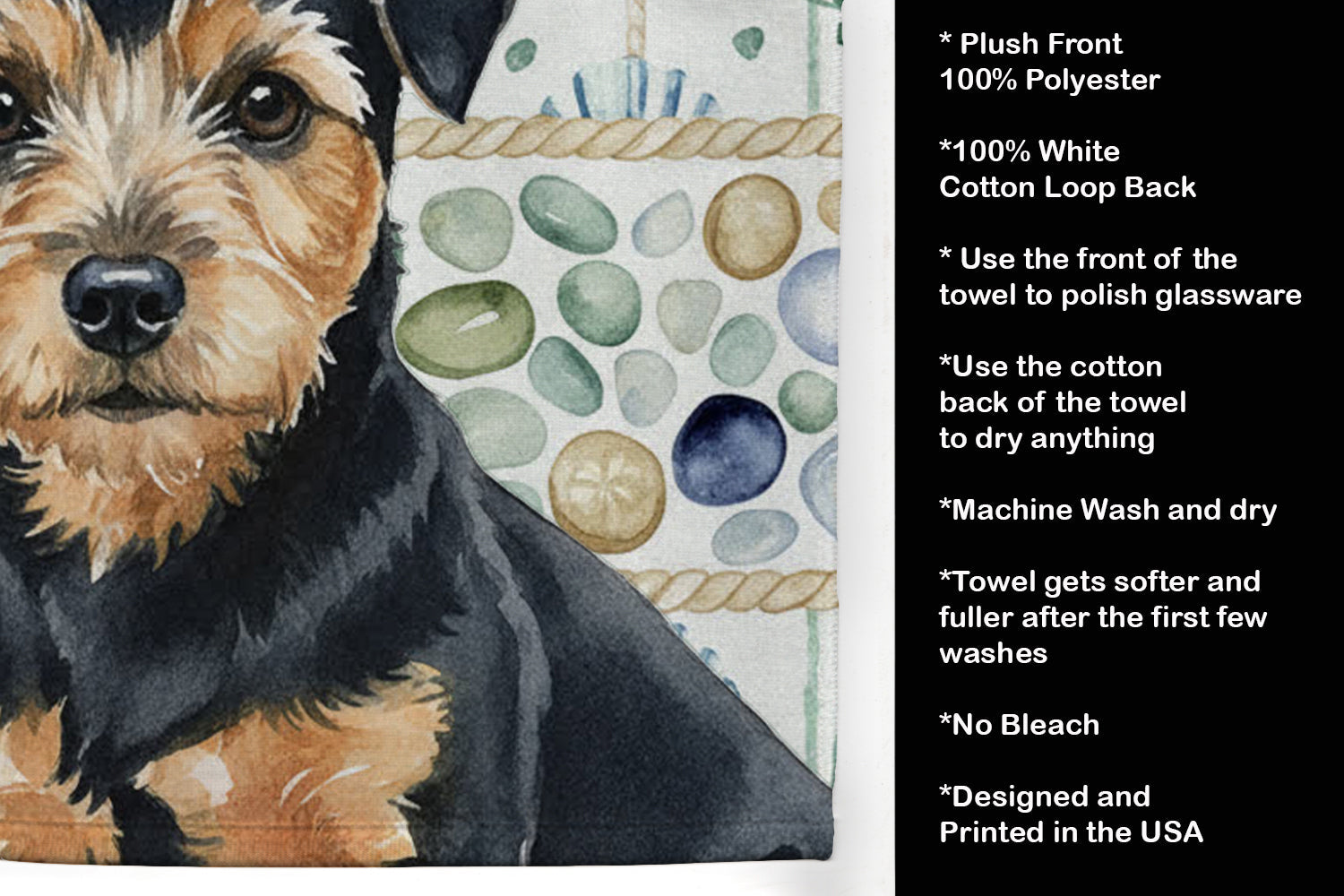 Black and Tan Norfolk Terrier Coastal Sea Glass Kitchen Towel Velour Plush Front and Cotton Loop Back Machine Washable