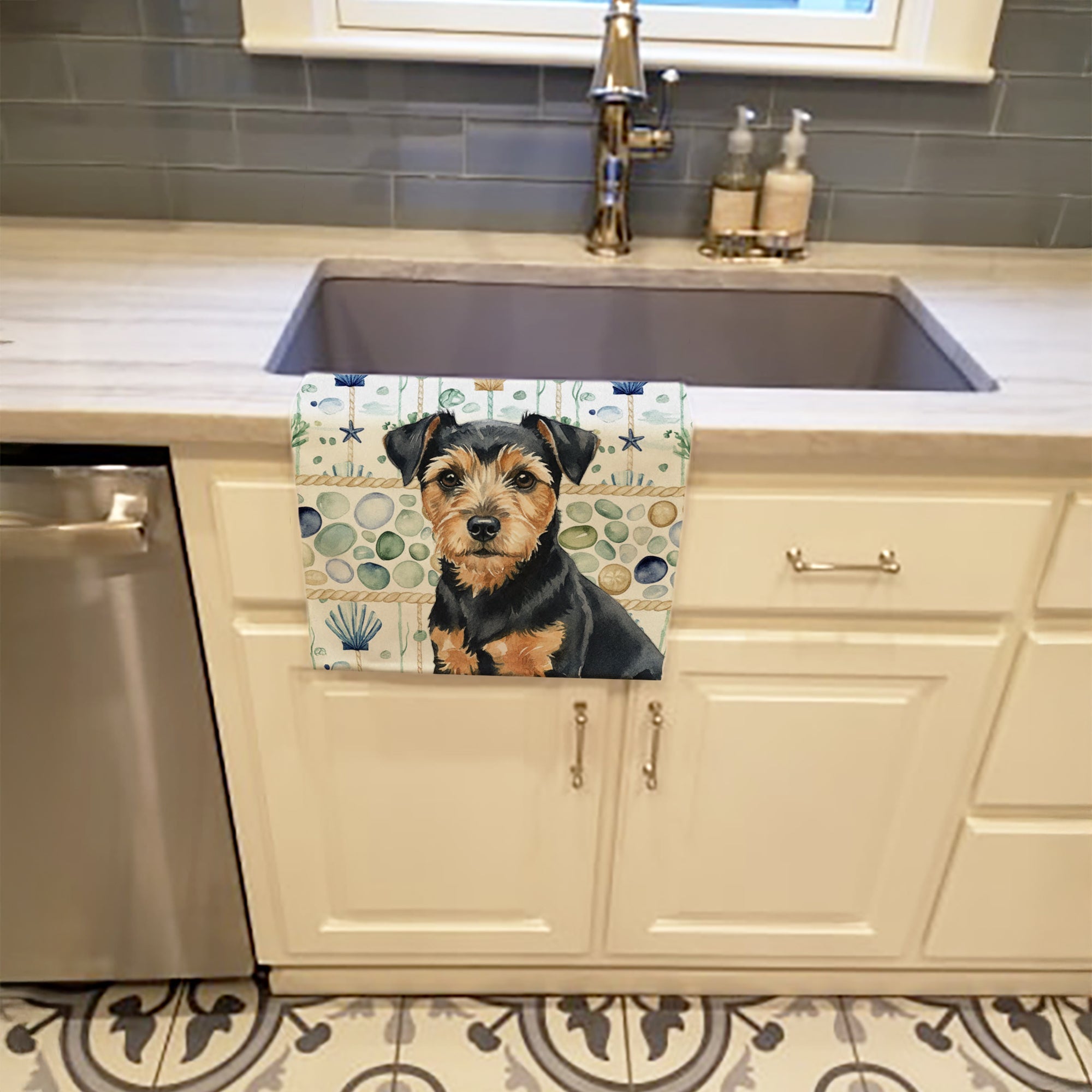 Black and Tan Norfolk Terrier Coastal Sea Glass Kitchen Towel Velour Plush Front and Cotton Loop Back Machine Washable