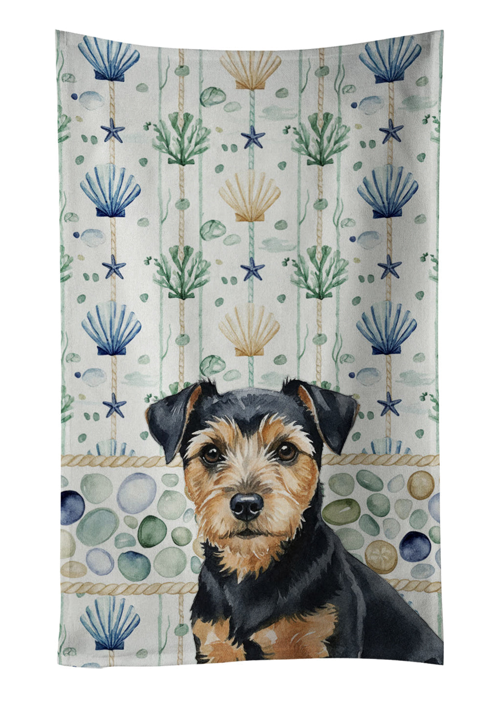 Black and Tan Norfolk Terrier Coastal Sea Glass Kitchen Towel Velour Plush Front and Cotton Loop Back Machine Washable
