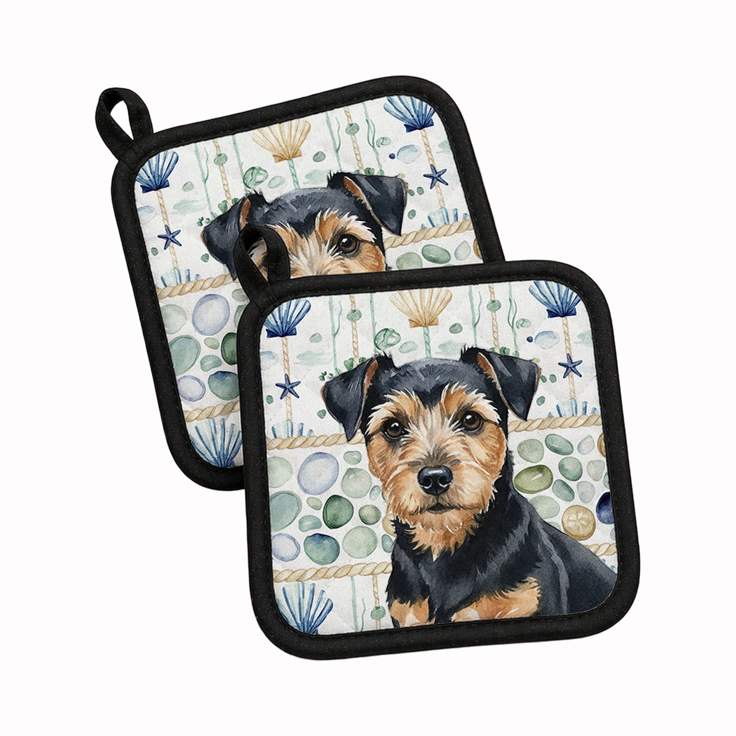 Black and Tan Norfolk Terrier Coastal Sea Glass Pot Holder Set of 2 Heat Resistant Quilted Hot Pads 7.5 x 7.5 Inch, Insulated Kitchen Trivets for Cooking & Baking