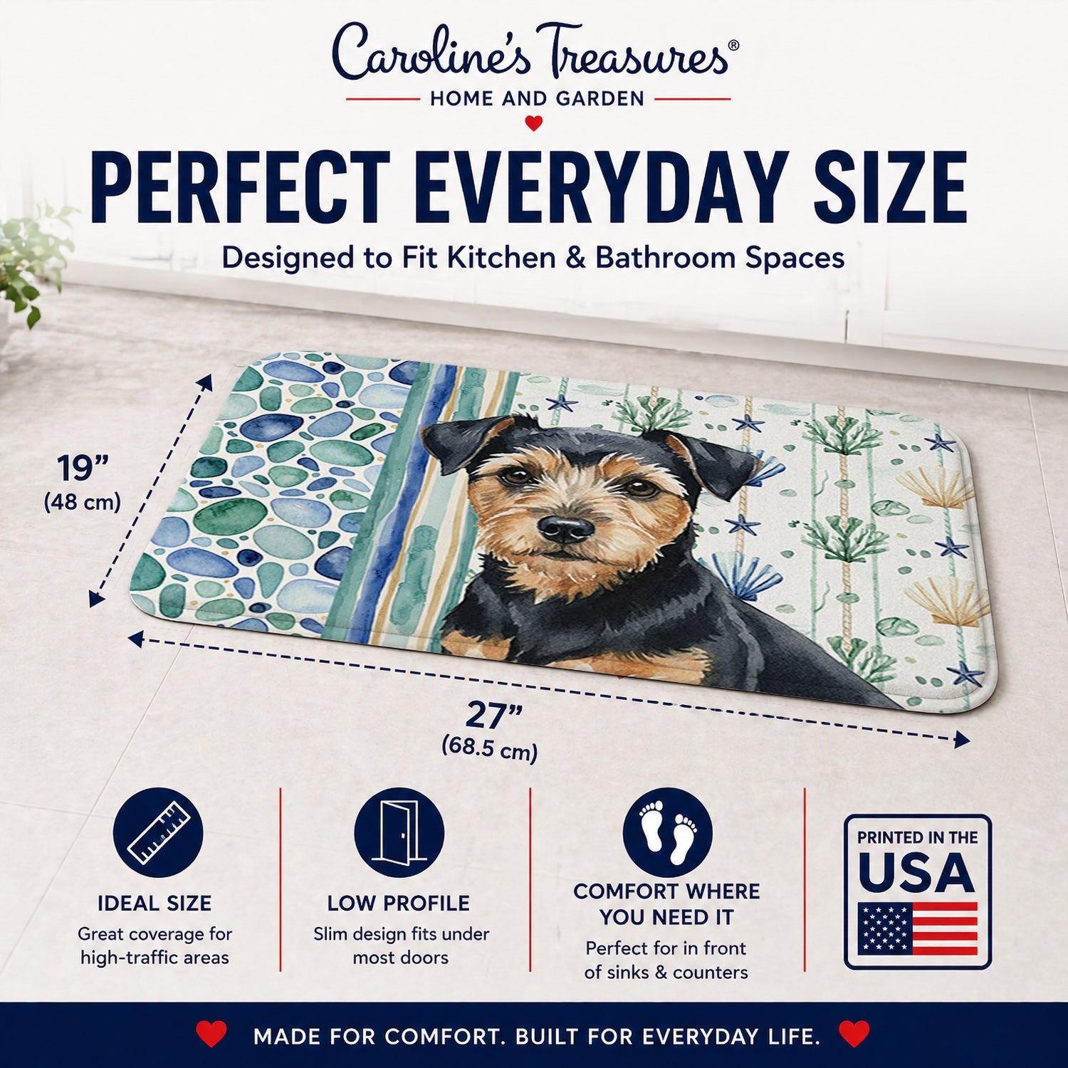 Black and Tan Norfolk Terrier Coastal Sea Glass Memory Foam Kitchen Mat Machine Washable Anti-Fatigue Cushion Comfort Bath or Kitchen Rug