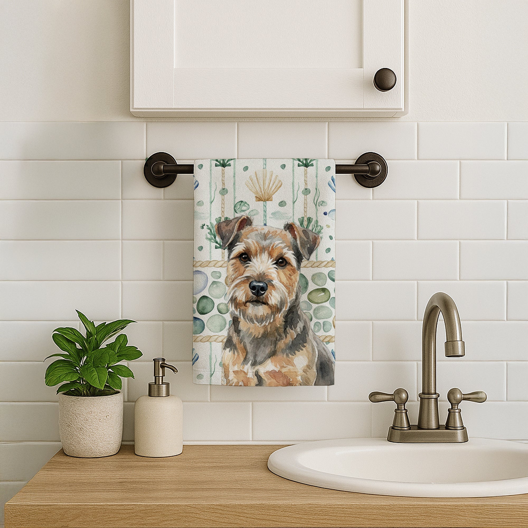 Grizzle and Tan Norfolk Terrier Coastal Sea Glass Kitchen Towel Velour Plush Front and Cotton Loop Back Machine Washable