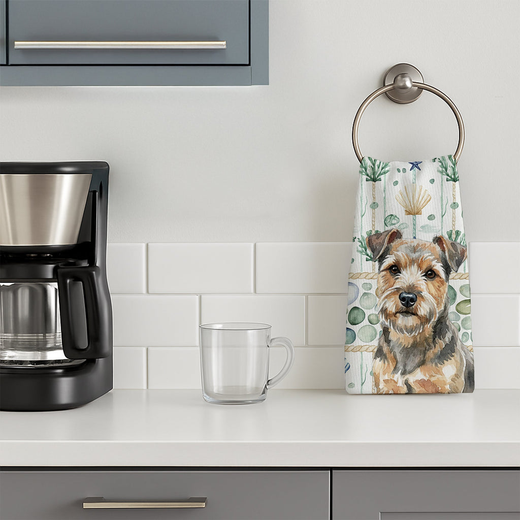 Grizzle and Tan Norfolk Terrier Coastal Sea Glass Kitchen Towel Velour Plush Front and Cotton Loop Back Machine Washable