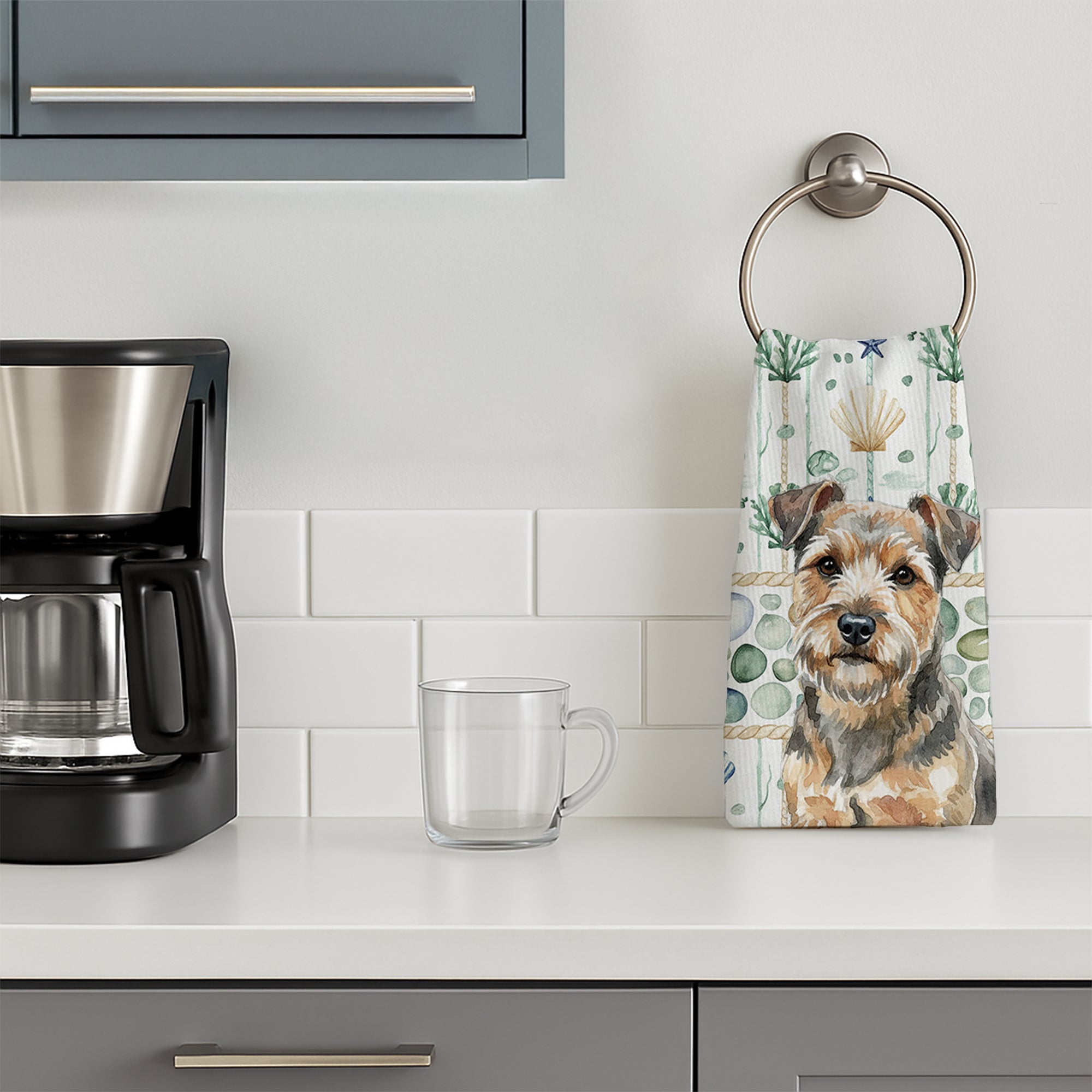 Grizzle and Tan Norfolk Terrier Coastal Sea Glass Kitchen Towel Velour Plush Front and Cotton Loop Back Machine Washable