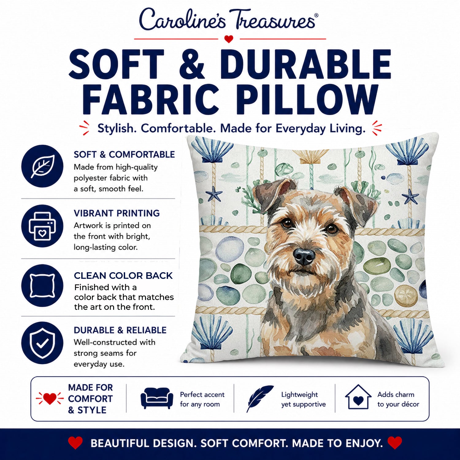 Grizzle and Tan Norfolk Terrier Coastal Sea Glass Decorative Throw Pillow 18x18 Indoor Outdoor Accent Cushion, Fabric Cover with Insert for Sofa, Bed, Porch & Living Room