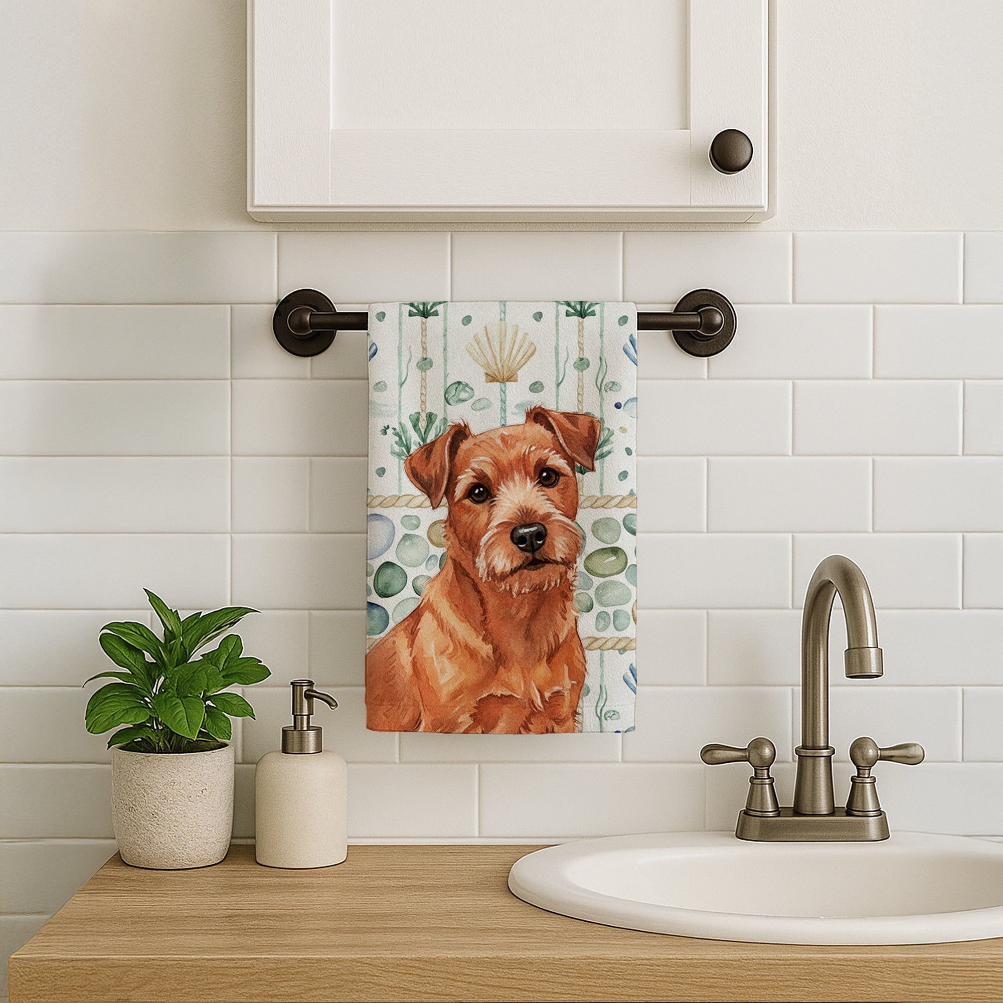 Red Norfolk Terrier Coastal Sea Glass Kitchen Towel Velour Plush Front and Cotton Loop Back Machine Washable