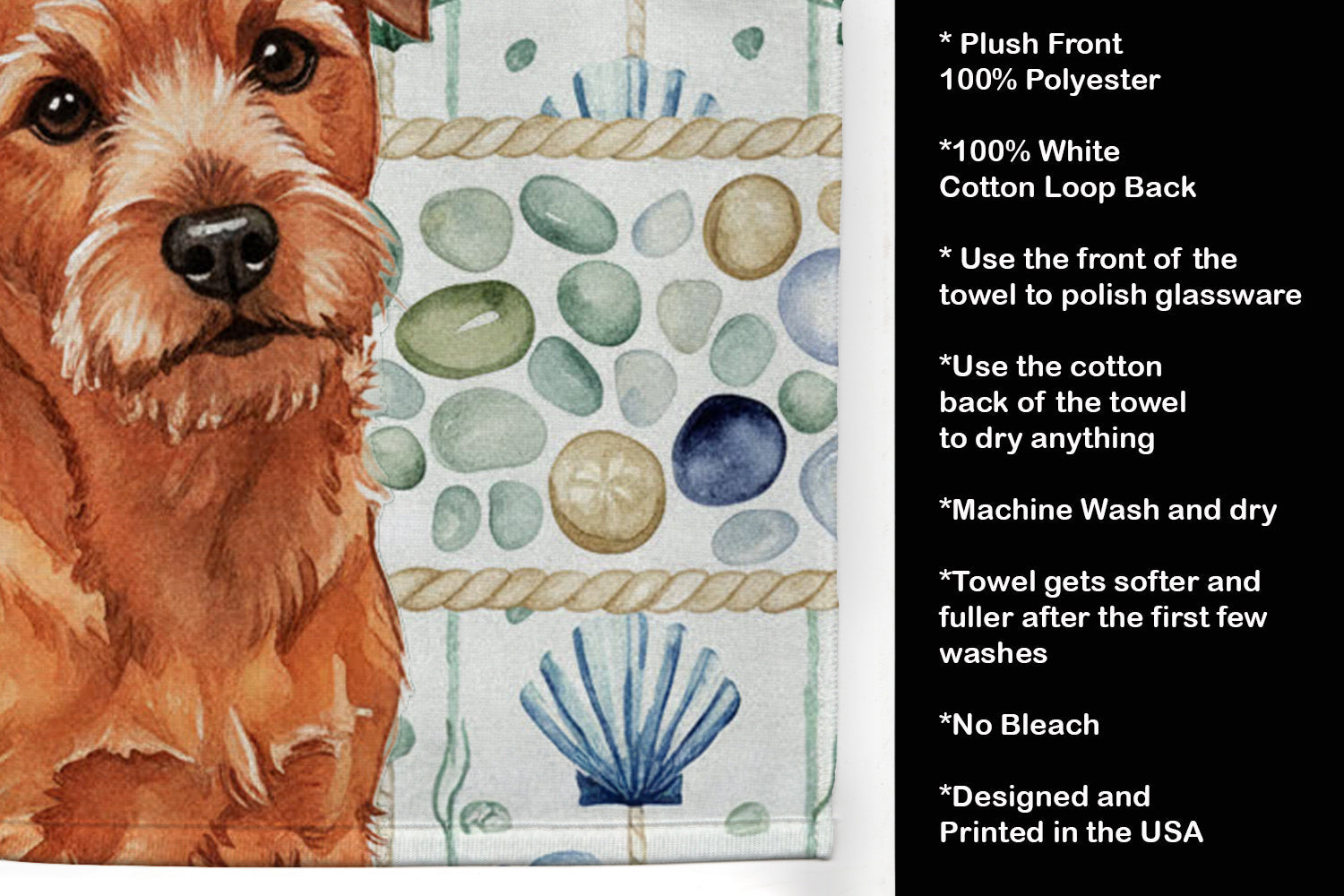Red Norfolk Terrier Coastal Sea Glass Kitchen Towel Velour Plush Front and Cotton Loop Back Machine Washable