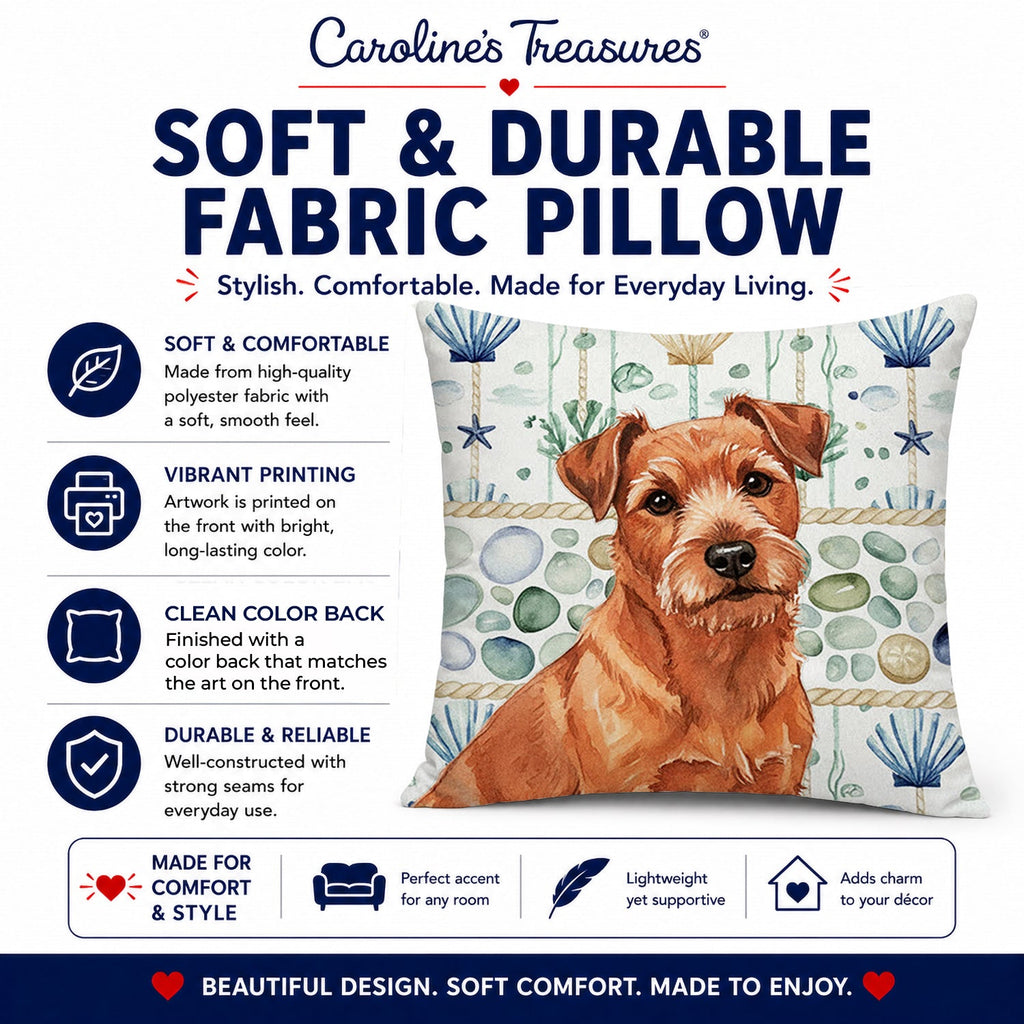 Red Norfolk Terrier Coastal Sea Glass Decorative Throw Pillow 14x14 Indoor Outdoor Accent Cushion, Fabric Cover with Insert for Sofa, Bed, Porch & Living Room